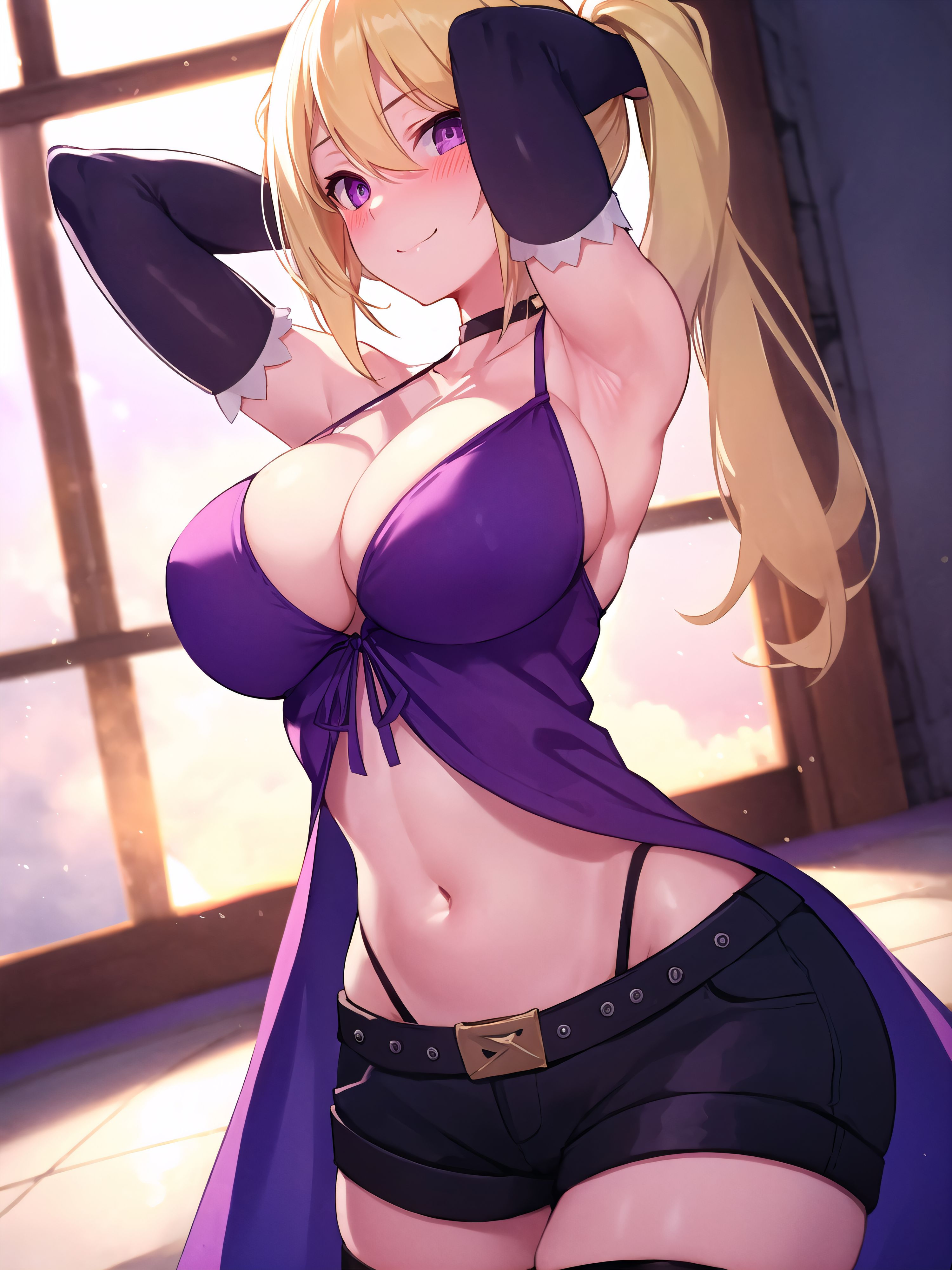 1girls, ai generated, armpits, arms behind head, babydoll, big breasts, blonde hair, breasts, busty, cleavage, female, female only, large breasts, legs, lieselotte sherlock, long hair, looking at viewer, navel, pose, posing, purple eyes, sensual, sexy armpits, shorts, smile, thighs, thong, trinity seven, twintails, voluptuous