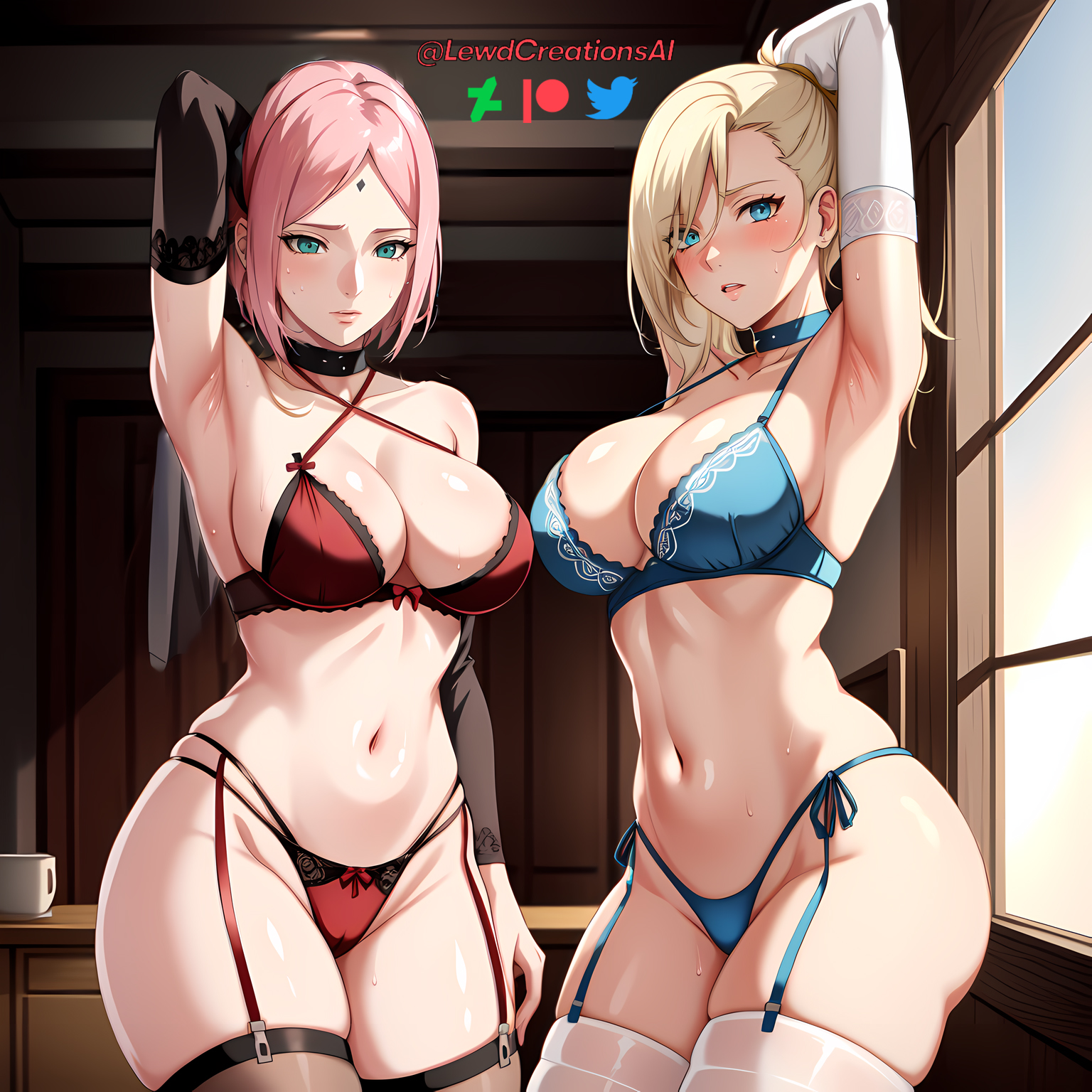 2girls, ai generated, arm sleeves, armpit fetish, armpits, arms behind head, arms up, big breasts, blonde hair, blue eyes, boruto: naruto next generations, breasts, cleavage, female, female only, garter straps, green eyes, haruno sakura, ino yamanaka, jordan53, lewdcreationsai, lingerie, multiple females, multiple girls, naruto, naruto (series), navel, panties, pink hair, sakura haruno, stockings, yamanaka ino
