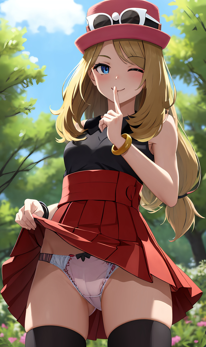 1girls, ai generated, blonde hair, blush, bracelet, cute, female, hat, headgear, panties, pokemon, pokemon xy, serena (pokemon), shy, skirt, skirt lift, upskirt, wink