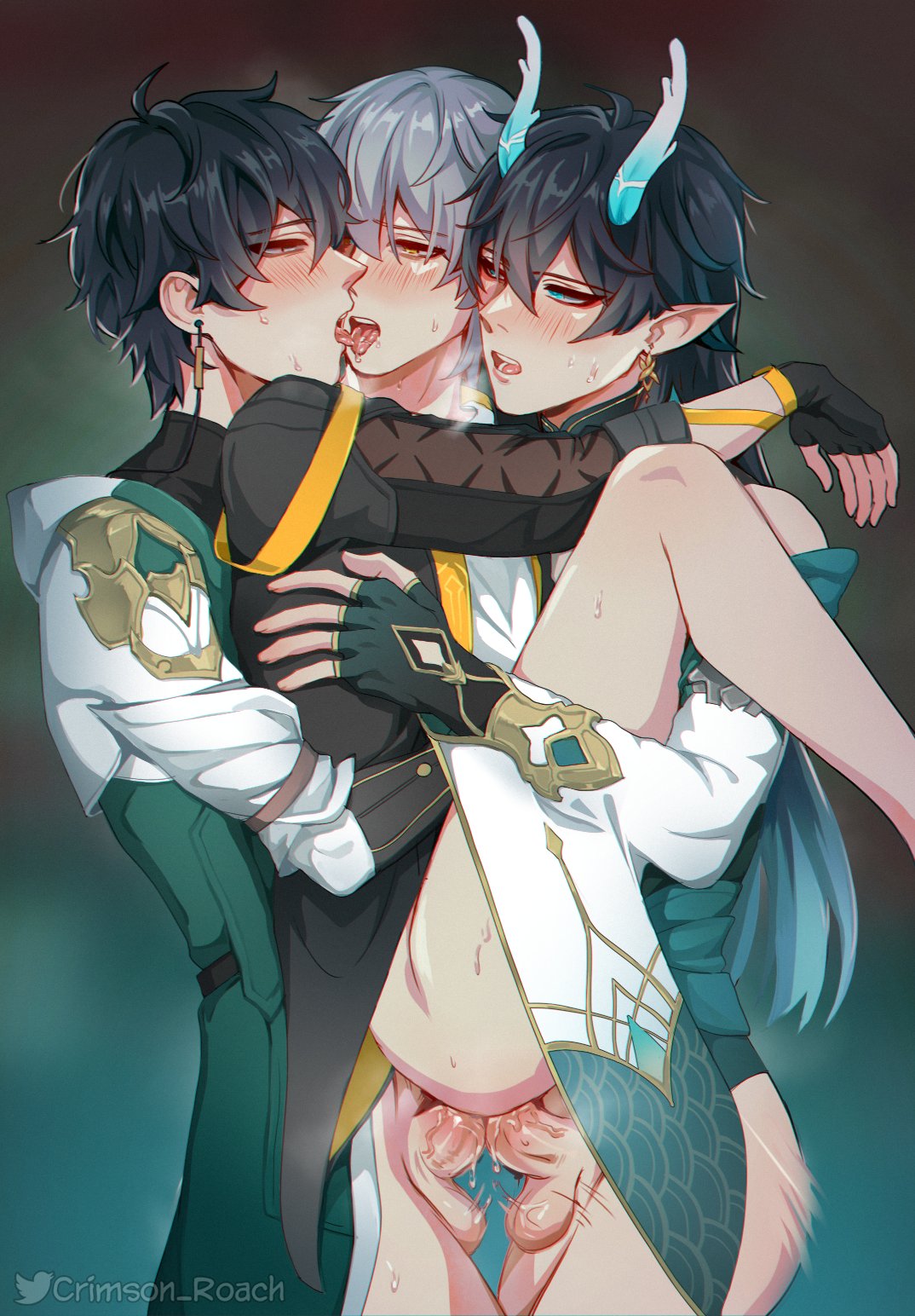 3boys, anal, anal sex, balls, big balls, big penis, blush, caelus (honkai: star rail), crimson roach, dan heng, dan heng (honkai: star rail), dan heng (imbibitor lunae), double anal, dragon boy, dragon horns, dragon tail, gay, honkai: star rail, horns, kissing, male, male only, pantsless, penis, steam, steamy breath, sweat, threesome, yaoi