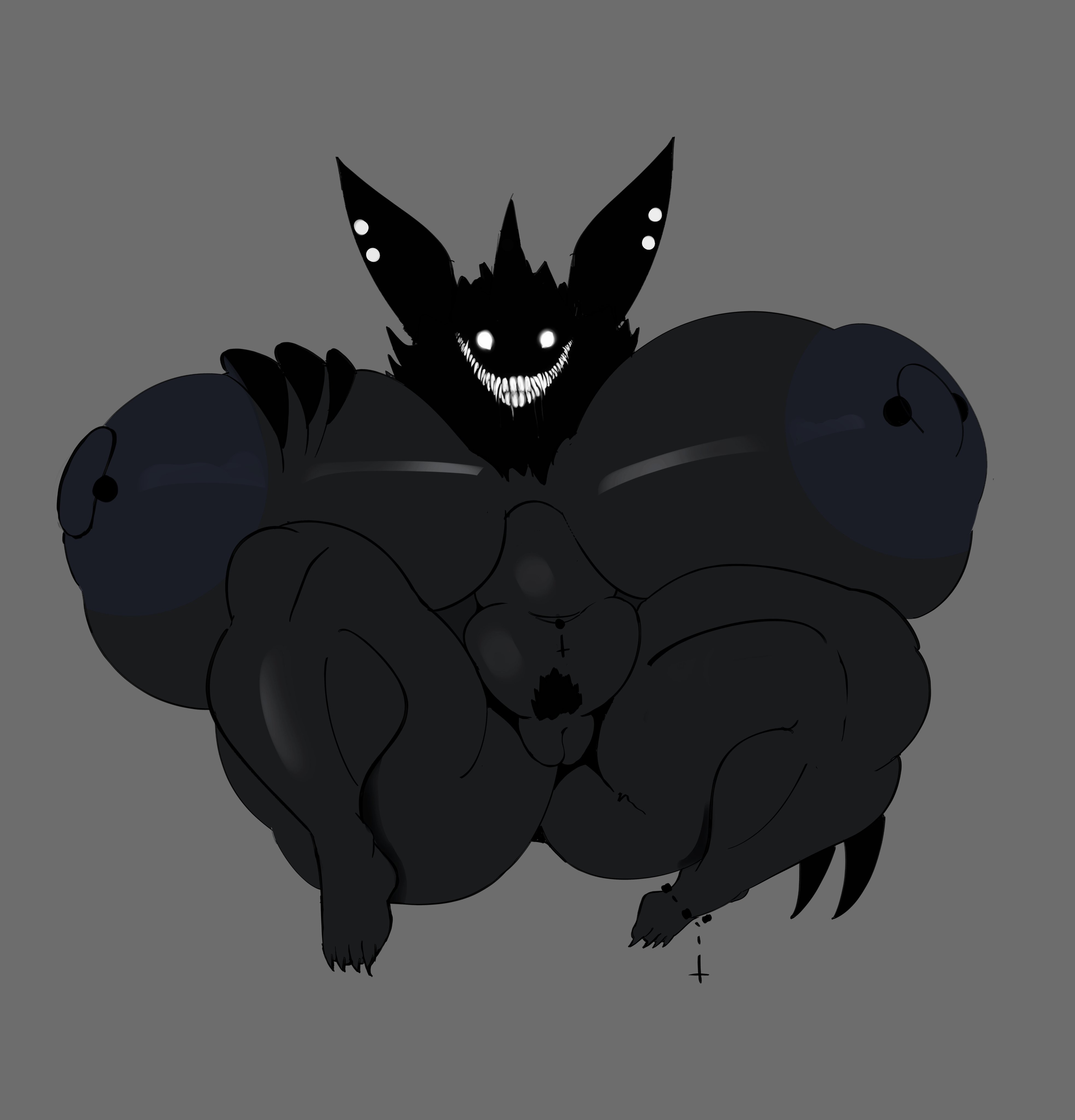 acerattman, breasts, ear, ear piercing, female, furry, huge breasts, karelia (acerattman), monster, monster girl, nightmare waifu, nipple piercing, nipple piercings, nipples, piercing, pubes, pubic hair, pussy, smiler (the backrooms), solo, teeth, the backrooms, thick thighs