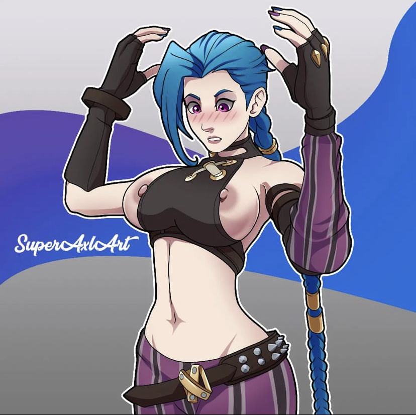 1girls alternate_breast_size artist_name big_breasts big_nipples blue_hair blush braided_ponytail breasts breasts_out breasts_out_of_clothes breasts_too_big clothed clothing embarrassed female fingerless_gloves hourglass_figure jinx_(league_of_legends) league_of_legends long_blue_hair long_hair long_ponytail nipples overflowing_breasts purple_eyes riot_games solo superaxlart thick thick_breasts