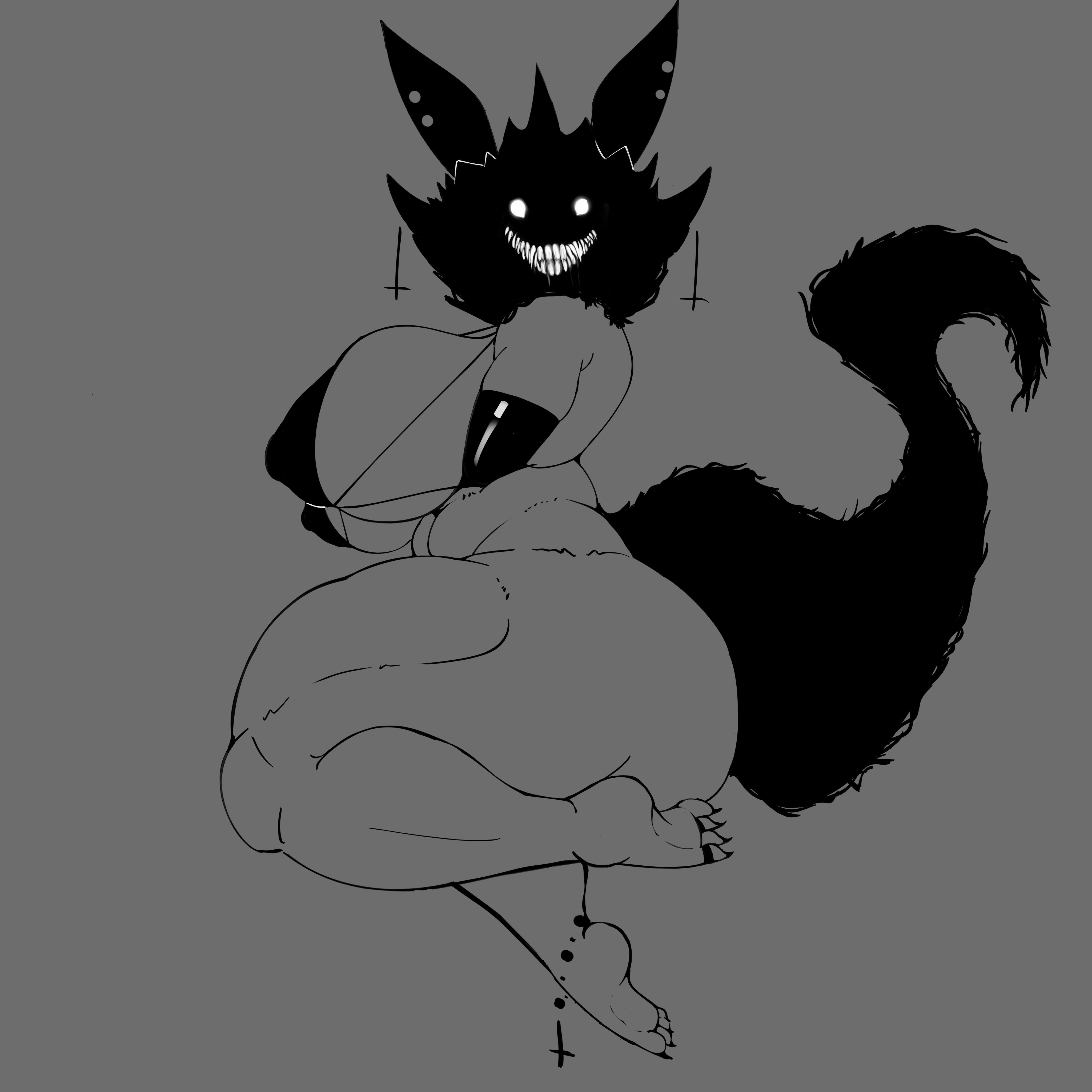 acerattman, big breasts, bikini, black bikini, black bikini top, black ears, black tail, breasts, ear, ear piercing, earrings, female, female only, furry, karelia (acerattman), looking at viewer, monochrome, nightmare waifu, smiler (the backrooms), smiling, tail, teeth, the backrooms, thick thighs, thighs, white eyes, white teeth