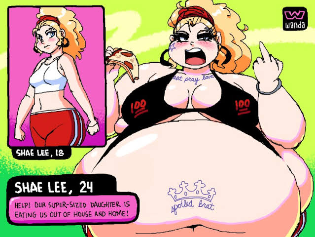 1girls angry bare_arms bare_shoulders before_and_after blonde_hair character_age character_name cheek_tattoo earrings eating english_text facing_viewerlarge_breasts fake_screenshot fat fat_woman female female_only food gradient_background green_background high_ponytail huge_belly middle_finger midriff obese obese_female overweight_female pizza pizza_slize pork_chop simple_background solo spoiled tattoo text w-oo-t weight_gain woot