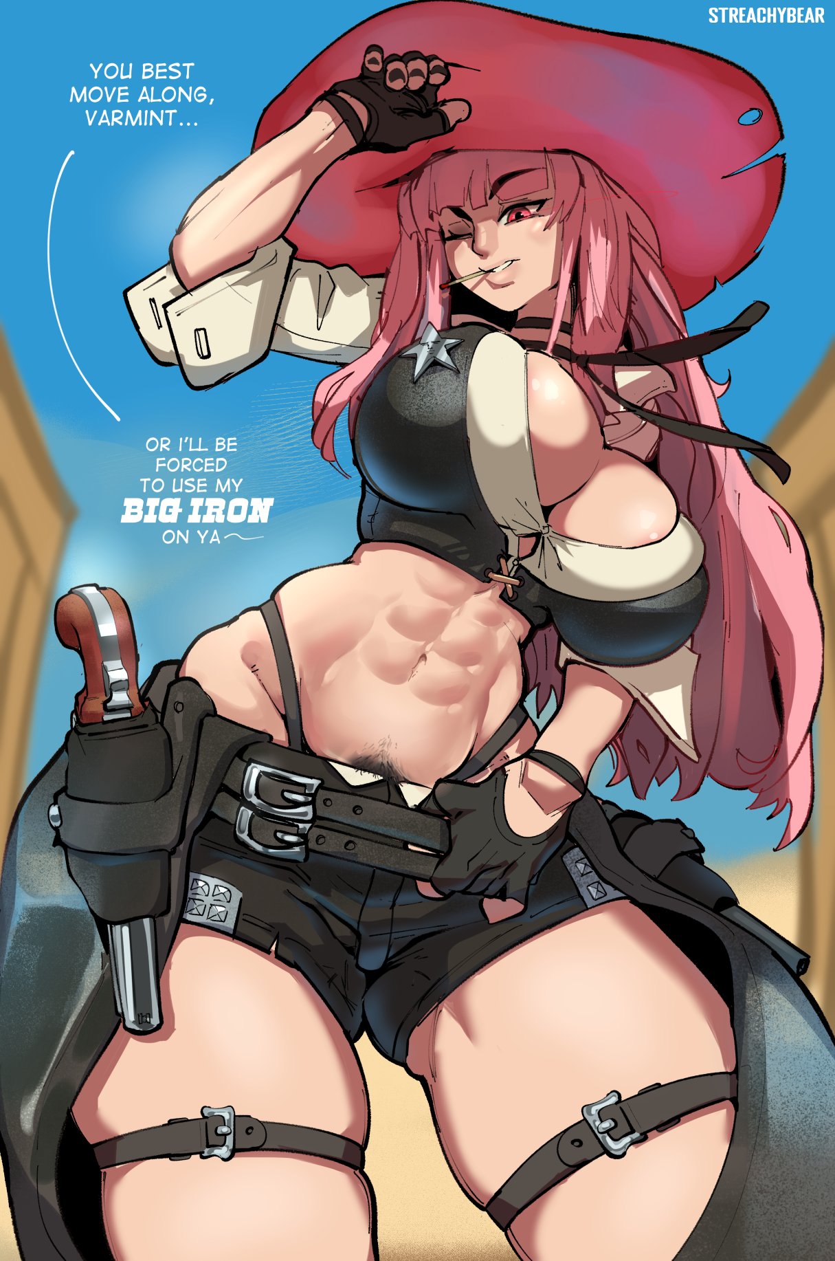 1girls abs breasts cleavage clothing cowgirl dialogue female female_only female_pubic_hair firearm gun handgun handwear headwear hololive hololive_english hololive_myth hourglass_figure huge_breasts human large_breasts light-skinned_female light_skin long_nails mori_calliope mori_calliope_(sheriff) muscular muscular_female pale_skin pubic_hair pubic_hair_peek revolver skimpy solo streachybear text virtual_youtuber weapon