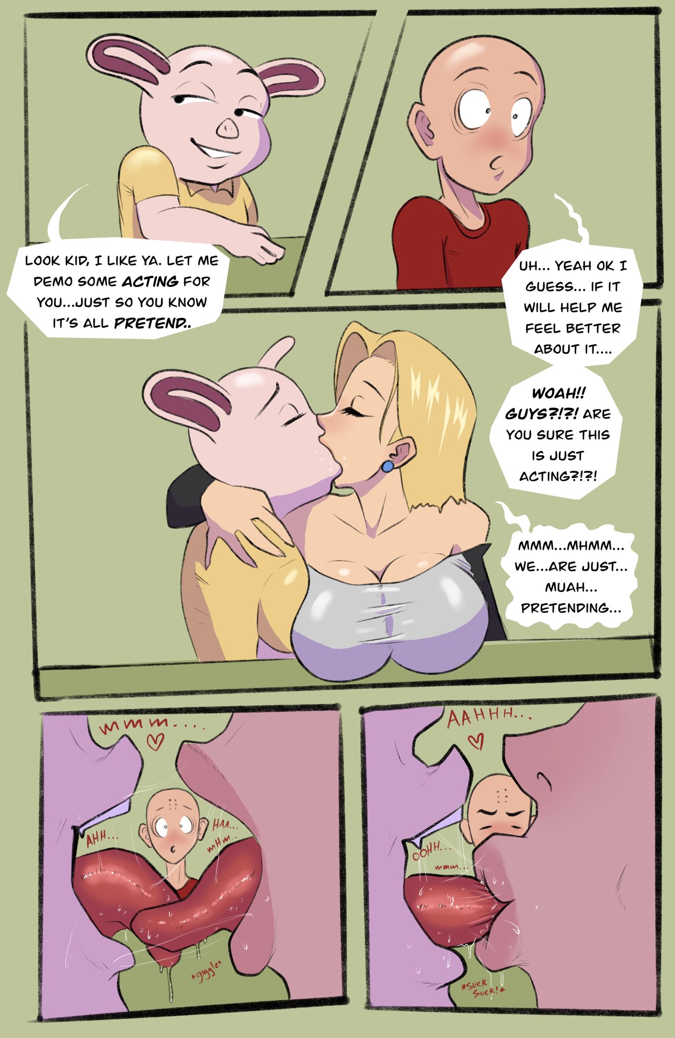 1girls, 2023, 2boys, android 18, anthro, anthro on human, blonde hair, breasts, cheating, cheating wife, cicadahh, closed eyes, clothing, cuckold, curvy, dialogue, domination, dragon ball, dragon ball z, female, femdom, french kiss, french kissing, highres, kissing, krillin, kuririn, large breasts, larger female, lips, male, maledom, netorare, ntr, oolong, open mouth, pig, saliva, short hair, size difference, smaller male, speech bubble, straight, text, tongue, tongue out, watching