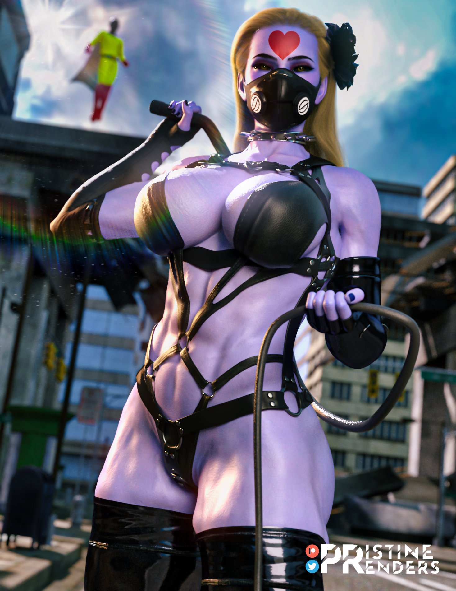 1girls, 3d, abs, big breasts, blizzard entertainment, blonde hair, breasts, cosplay, crossover cosplay, dominant female, dominatrix, female, female focus, female only, femdom, fusion, fusion character, kaijin hime do-s, kaijin hime do-s (cosplay), large breasts, latex, long hair, one-punch man, overwatch, pristinerenders, purple skin, solo, solo female, solo focus, tattoo, thick thighs, widowmaker, yellow eyes