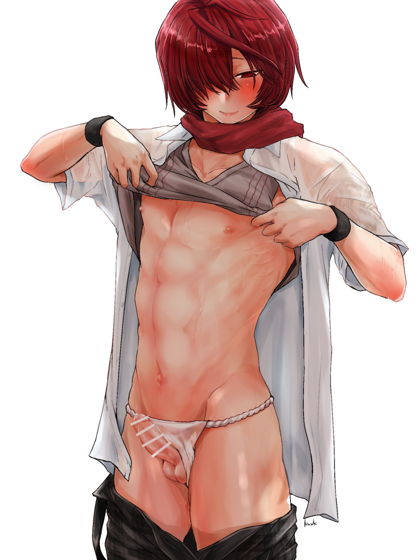 1boy ambush_(trap) arm_tattoo blush censored censored_penis fate/grand_order fate_(series) femboy fundoshi fundoshi_aside fuuma_kotarou_(fate) hair_over_one_eye highres kamenakake kamenakaoji lifted_by_self looking_down male male_focus male_only male_solo muscular muscular_femboy muscular_male nipples otoko_no_ko pants_around_thighs pants_down penis pointless_censoring red_hair see-through see-through_clothing short_hair shoulder_tattoo smile solo solo_focus solo_male tattoo trap white_fundoshi yaoi