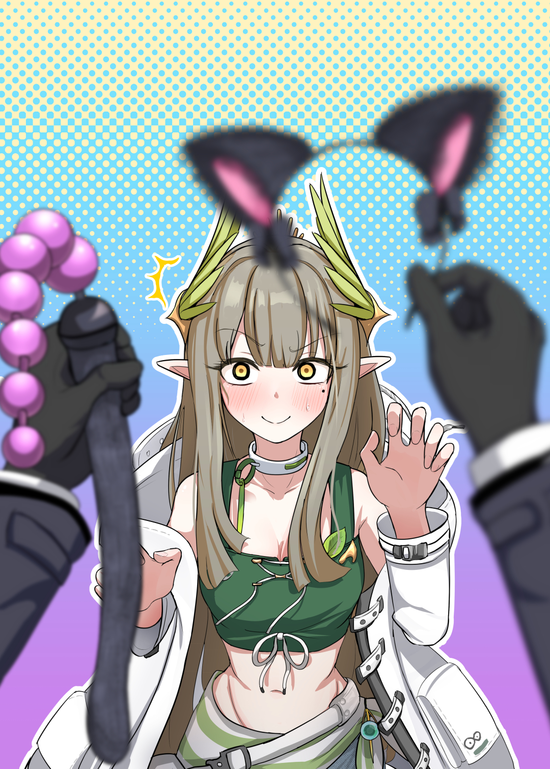 1boy, 1girls, anal beads, anal beads tail, animal ears, arknights, bdsm gear, bondage, breasts, bunsan, cat ears, cleavage, collar, doctor (arknights), elf, elf ears, elf female, embarrassed, embarrassed nude female, fake animal ears, female, grey hair, highres, horny, large anal beads, leash, light skin, light-skinned female, long hair, looking at viewer, male, muelsyse (arknights), pov, slim waist, surprised, tail, yellow eyes