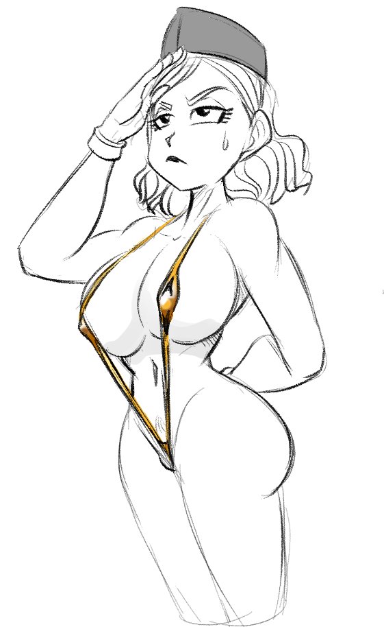 1girls, ass, barely contained, big ass, bikini, breasts, cameltoe, curvy, dragon ball, dragon ball super, dragon ball super super hero, female, funsexydragonball, gloves, gold bikini, golden bikini, hairy pussy, hat, hourglass figure, looking up, monochrome, navel, nipple bulge, one-piece swimsuit, partially colored, pubic hair, pussy, pussy peek, salute, sergeant nutz (dragon ball), short hair, sideboob, simple background, sketch, sling bikini, solo, standing, sweat, useless clothing, white background