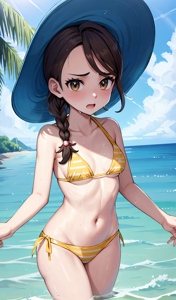 1girls, ai generated, bikini, blush, cute, female, female only, juliana (pokemon), pokemon, pokemon sv, shy, solo
