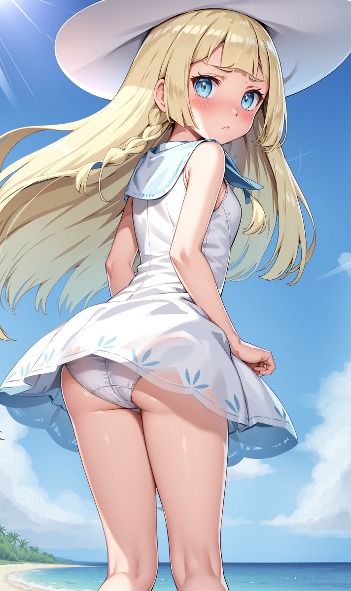 ai generated, blush, female, lillie (pokemon), pokemon, skirt, upskirt, young