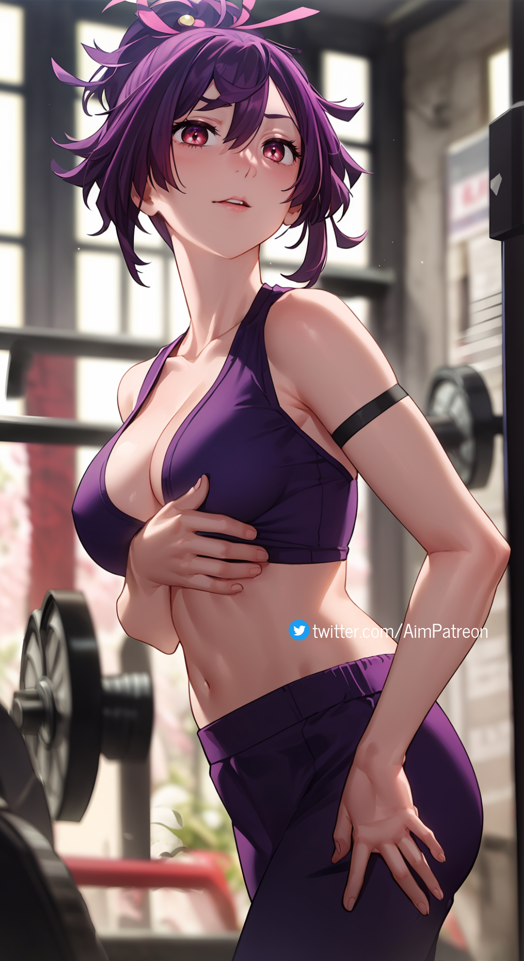 ai generated, aim patreon, breasts, cleavage, female, jigokuraku, midriff, motion blur, navel, pants, purple bra, purple hair, purple pants, purple shorts, red eyes, short hair, sports bra, yuzuriha (jigokuraku)