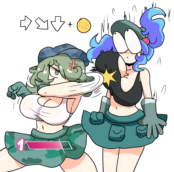 2girls anger_vein angry big_breasts blue_hair cleavage eyes_bugging_out gameplay_mechanics gloves green_eyes green_hair hat light-skinned_female nitori_kawashiro notnoe_(dxcl) punching_breasts skirt takane_yamashiro tank_top thighs touhou twintails white_background