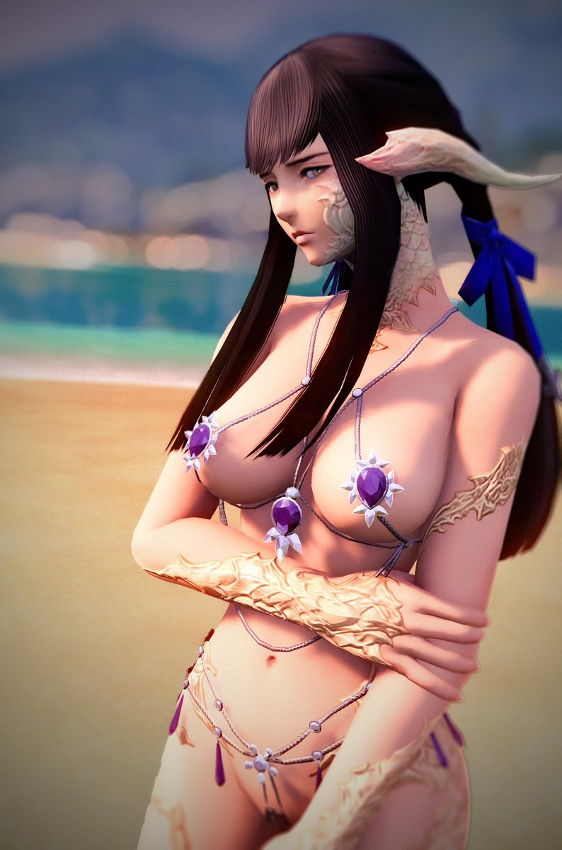 1girls ashikoxiv au_ra black_hair final_fantasy final_fantasy_xiv green_eyes hair_ornament horn jewelry long_hair pale_skin petite raen scales small_breasts square_enix tail white_scales yugiri_mistwalker