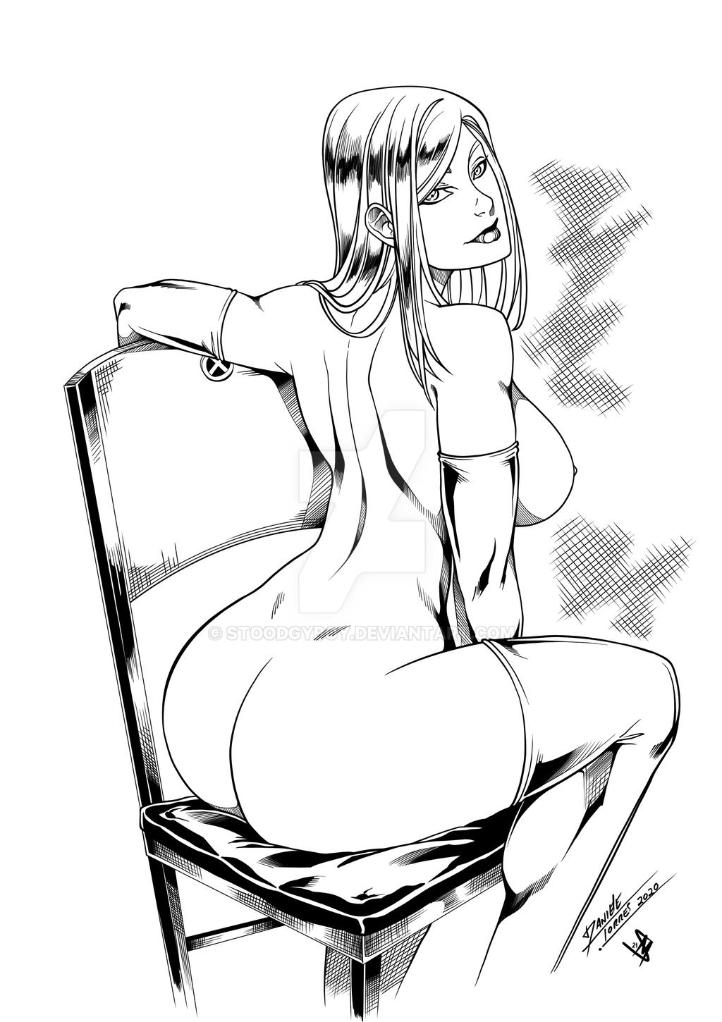 ass black_and_white daniele_torres dat_ass dimples_of_venus elbow_gloves emma_frost female female_only looking_at_viewer looking_back marvel marvel_comics pencil_(artwork) sitting smiling stoodgyboy thighhighs white_queen x-men