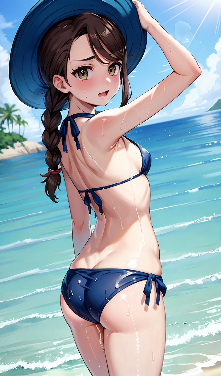 1girls, ai generated, beach, bikini, blush, cute, female, female only, juliana (pokemon), pokemon, pokemon sv, solo