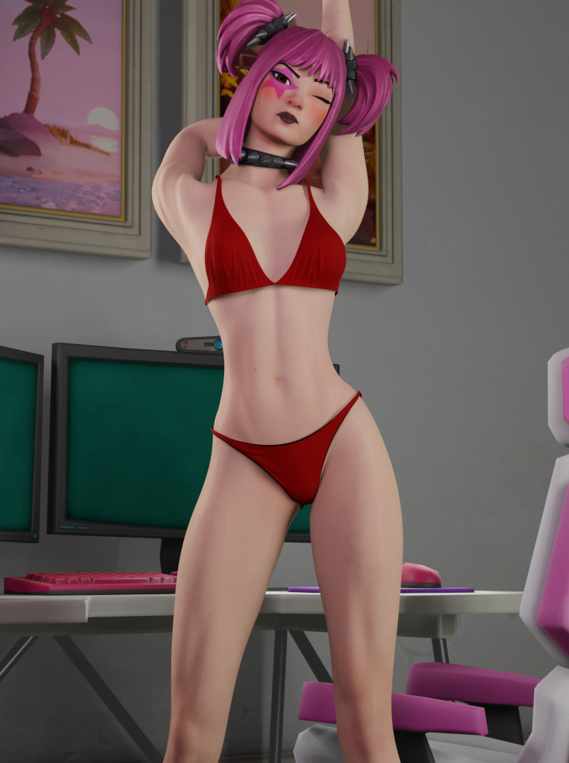 bedroom bedroom_setting big_thighs drop_dee_(fortnite) facepaint fortnite fortnite:_battle_royale gaming_chair monitor pink_hair red_bra red_panties red_underwear skinny skinny_female skinny_girl skinny_waist slim slim_girl slim_waist small_boobs small_breasts small_waist standing stretching twintails vannifyarts wide_hips winking winking_at_viewer