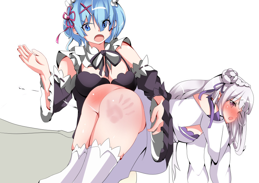 2girls, ass, ass focus, blue hair, blush, elf, elf ears, elf female, elf girl, emilia (re:zero), female, long hair, maid, multiple females, multiple girls, oni, oni female, punishment, purple eyes, re:zero kara hajimeru isekai seikatsu, rem (re:zero), short hair, silver hair, spanking, spanking ass