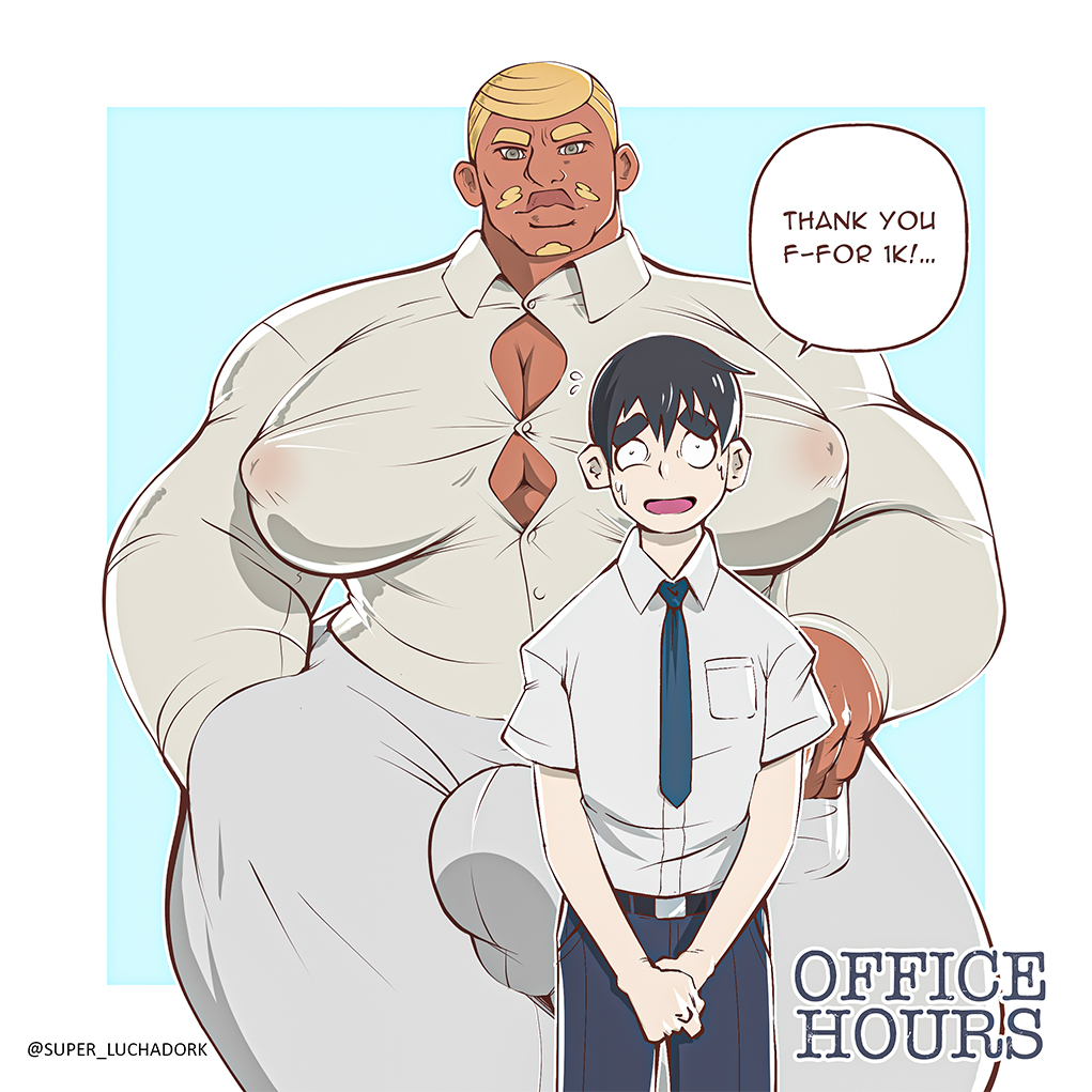 2boys arousal aroused bara bara_tiddies bara_tits big_chest big_nipples blonde_hair boss_and_subordinate bulge bulge_through_clothing cleavage dilf erect_penis erection facial_hair gay green_eyes huge_chest luchadork nipples_visible_through_clothing office_clothing unrealistic_proportions voluptuous voluptuous_dilf voluptuous_male wide_hips