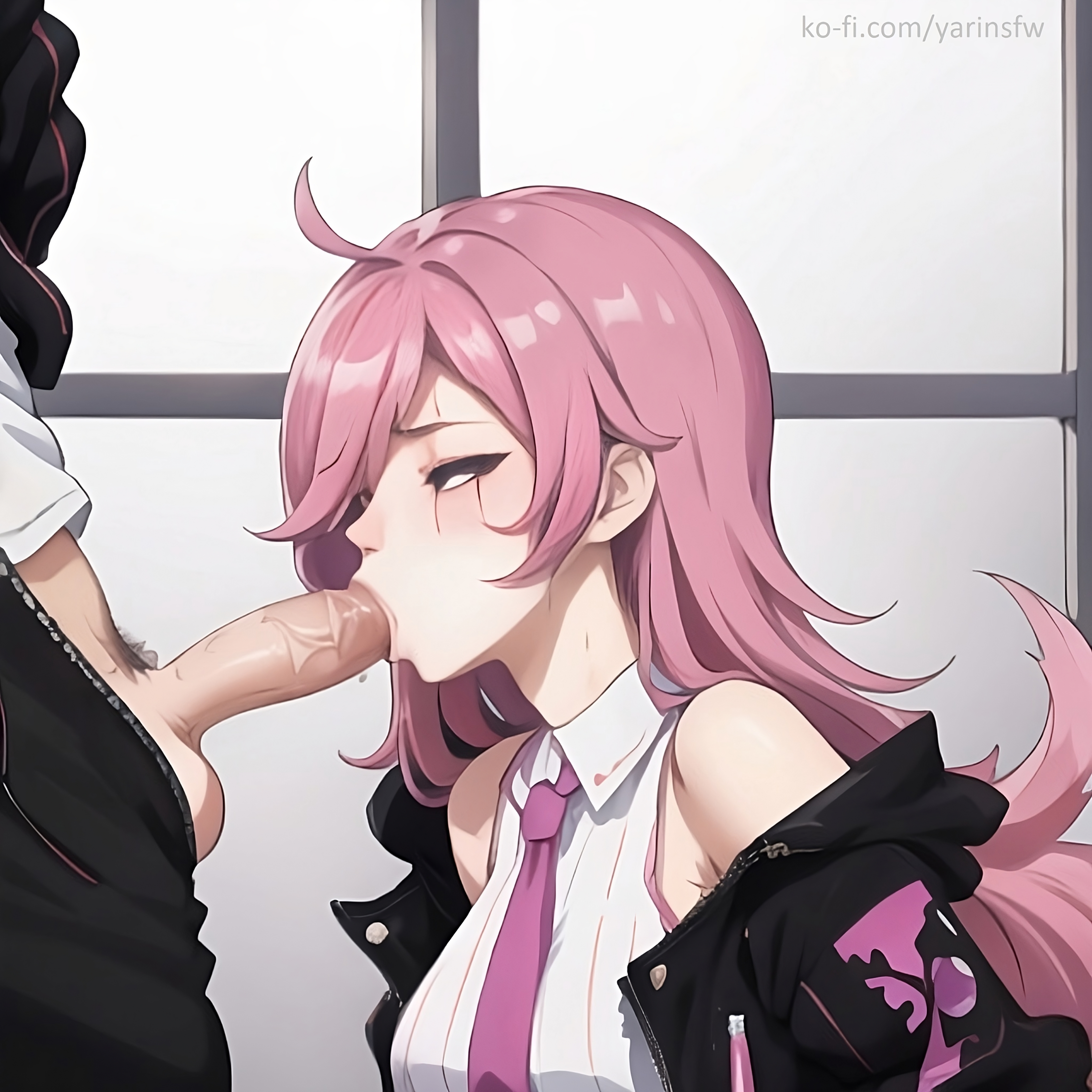 ai generated, battle academia katarina, battle academia series, blowjob, blowjob face, closed eyes, female, jacket, katarina du couteau, league of legends, male, penis, pink hair, scar, shirt, sucking, sucking penis, tie, white shirt
