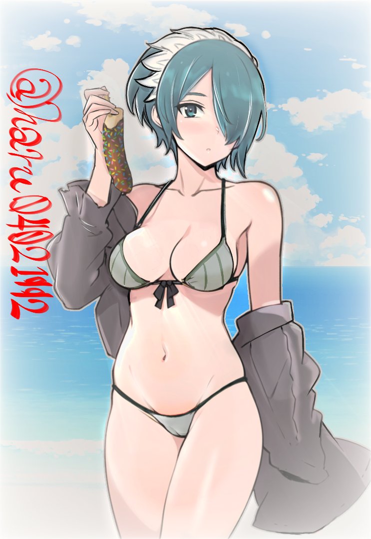 1girls alternate_costume bare_shoulders beach bikini blue_eyes blue_hair breasts chocolate_banana cleavage cloud cloudy_sky commission detached_sleeves female female_only fire_emblem fire_emblem_fates grey_bikini grey_swimsuit hairband harutan_(haru04021992/ufnn8842) light-skinned_female light_skin looking_at_viewer medium_breasts navel nintendo ocean setsuna_(fire_emblem) skeb_commission sky solo sprinkles swimsuit