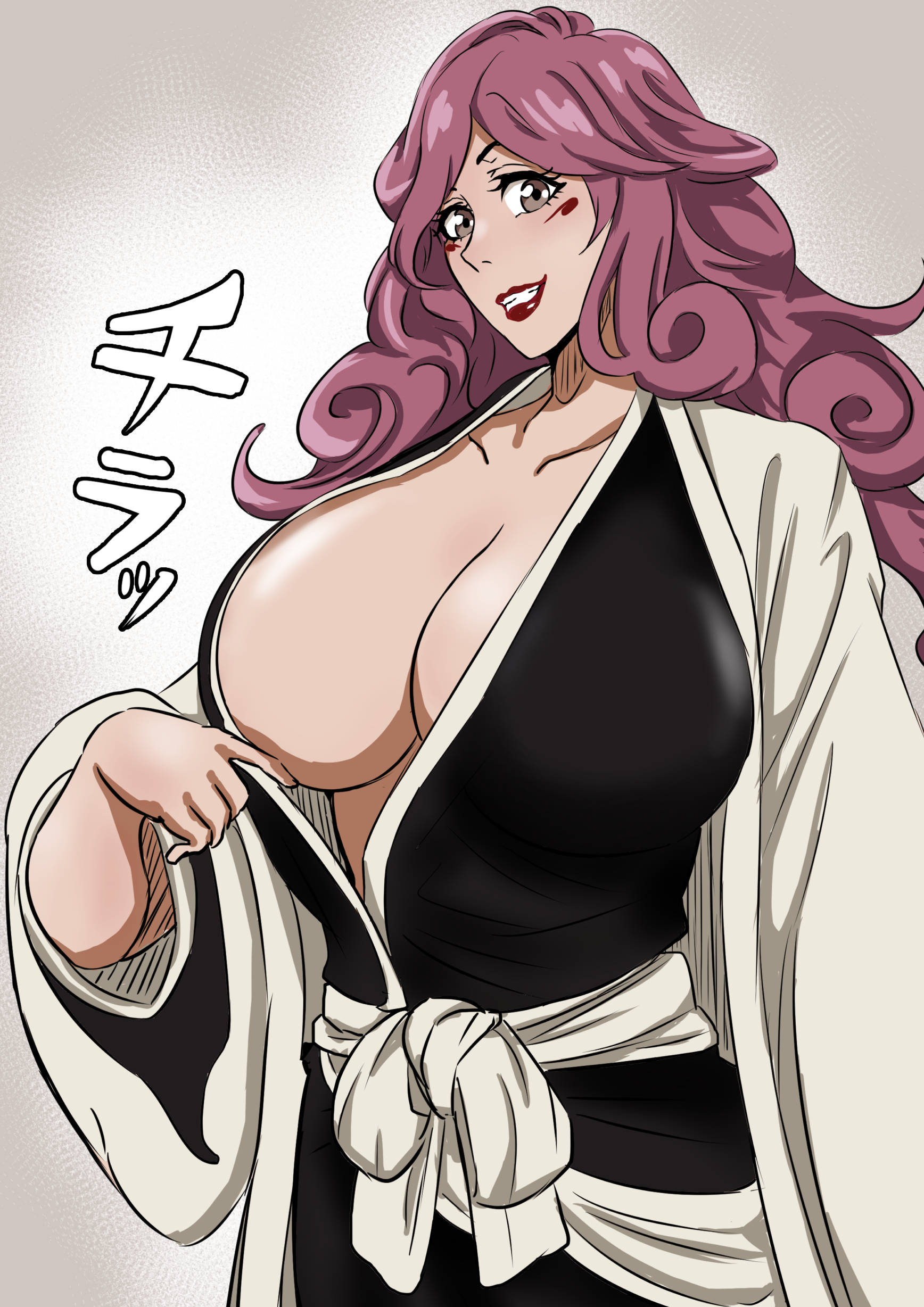big breasts, bleach, bleach: the thousand-year blood war, breast slip, breasts, female, grin, haori, hikifune kirio, huge breasts, kimono, large breasts, long hair, mature female, milf, no bra, one breast out, pinup, robatomyi, smile, solo, teasing, teasing viewer, voluptuous