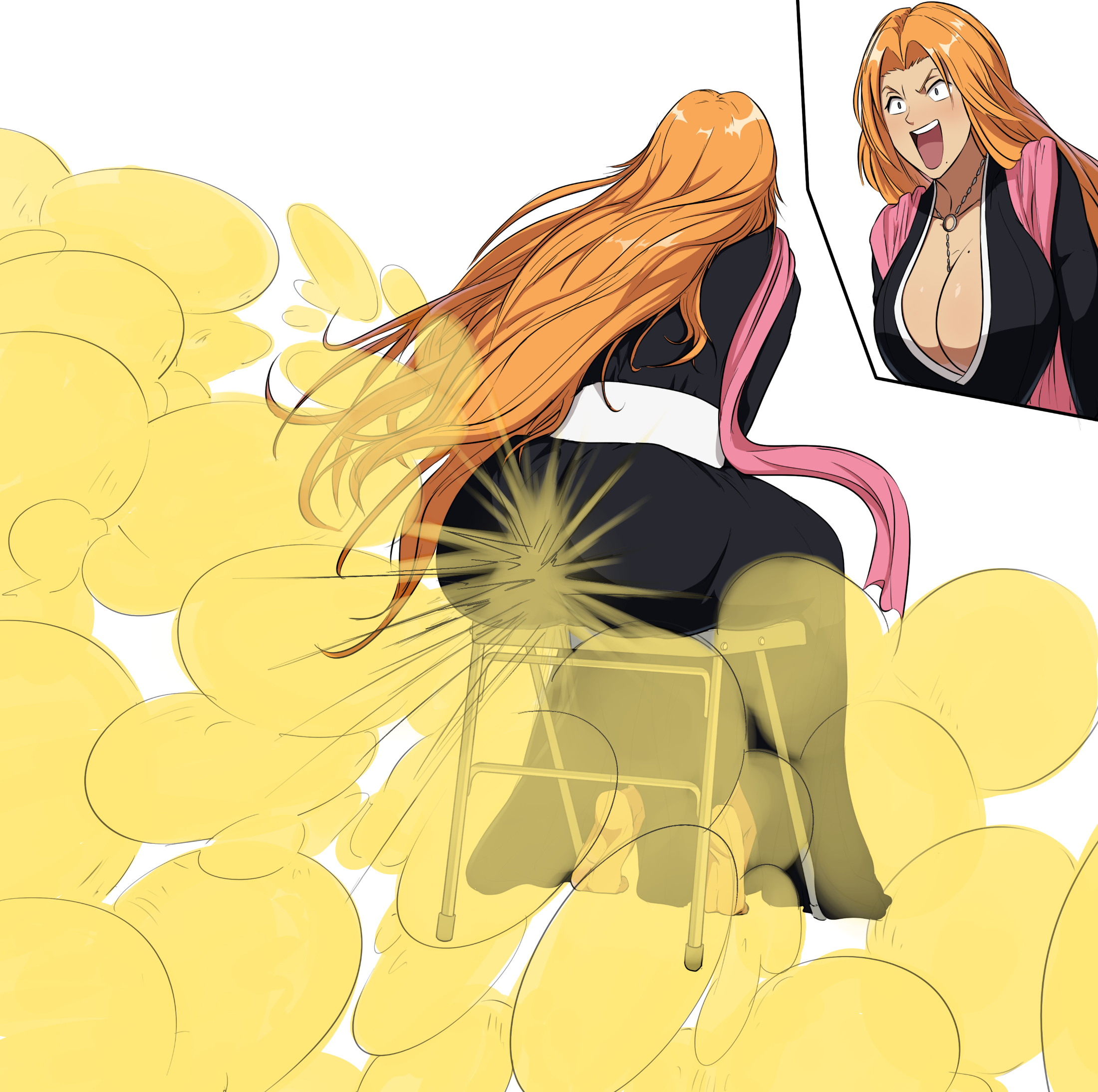 1girls, artist request, ass, big ass, big breasts, big butt, bleach, breasts, cleavage, embarrassed, eyes wide open, fart, fart cloud, fart everywhere, fart fetish, farting, female, female only, huge ass, huge breasts, huge butt, large ass, large breasts, large butt, matsumoto rangiku, open mouth, orange hair, shounen jump, sitting, uncontrolled farting, wide eyed