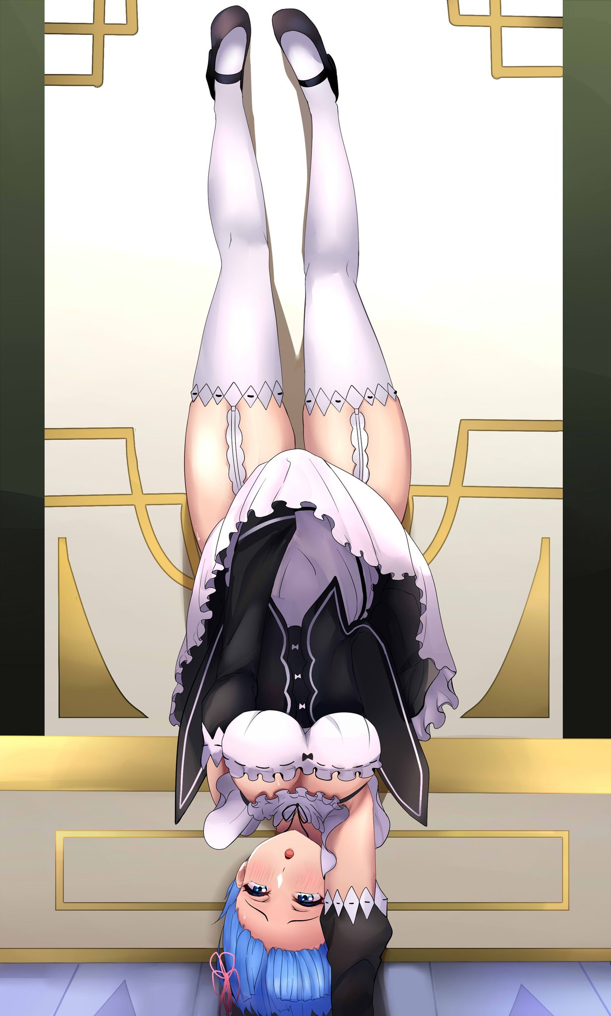 1girls 2020s 2022 blue_eyes blue_hair blush breasts clothed clothed_female commission detached_sleeves dress dress_tug female frilled_dress frilled_sleeves frills handstand hi_res indoors lycoris_challenge maid maid_headdress maid_uniform mary_janes matching_hair/eyes medium_breasts meme one_arm_handstand open_mouth re:zero_kara_hajimeru_isekai_seikatsu relpama rem_(re:zero) roswaal_mansion_maid_uniform short_hair solo teenage_girl teenager thighhighs upside-down