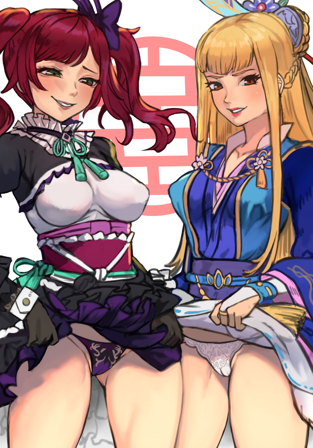 2girls ass ass_visible_through_thighs bangs black_gloves blonde_hair blue_kimono blunt_bangs blush braid breasts brown_eyes cameltoe chacha collar collarbone collared_dress eyebrows eyelashes flashing frilled_dress frilled_shirt_collar frilled_skirt frills gloves gothic gracia_akechi_hosokawa green_eyes grin hair_bun hair_ornament hair_ribbon hosokawa_gracia inviting japanese_clothes kimono kimono_skirt lace-trimmed_panties lace_trim large_breasts legs lifting_skirt lingerie lips lipstick long_bangs long_hair long_sleeves looking_at_viewer makeup medium_hair multiple_girls necklace obi panties pantyshot ponytail purple_panties r123 red_hair ring sengoku_musou skirt skirt_lift smile swept_bangs teasing teeth thighs thong thong_panties tight_clothes twintails underwear white_background white_panties wrist_cuffs