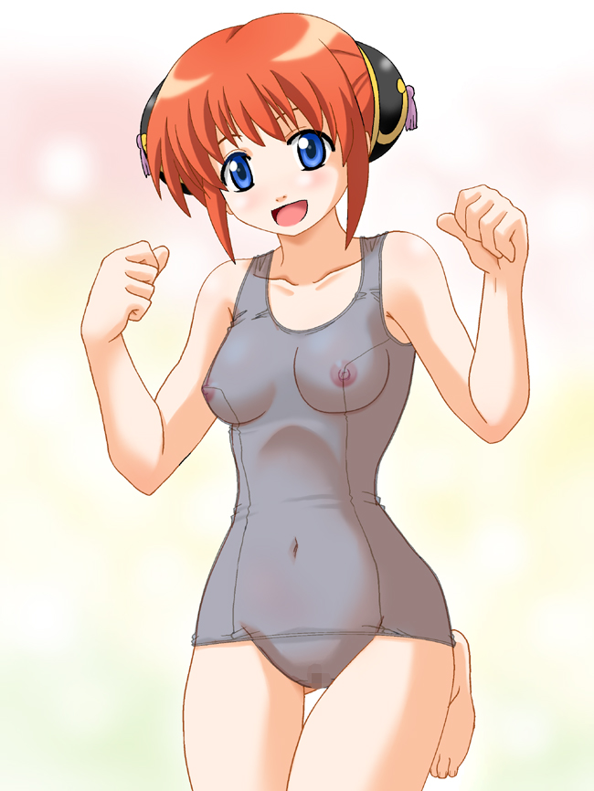 blue_eyes bun_cover censored double_bun female female_only gintama haresaku jumpara kagura_(gintama) kazami_haruki orange_hair school_swimsuit see-through see-through_swimsuit solo swimsuit