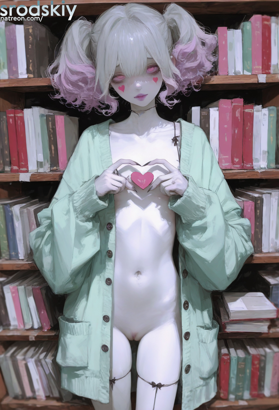 ai generated, clothes falling off, clothing, clothing aside, demon, demon girl, female, female only, heart hands, heart symbol, horny, nipples, no bra, no panties, original character, pale skin, pussy, shaved pussy, srodskiy, tagme, vulgar, white skin