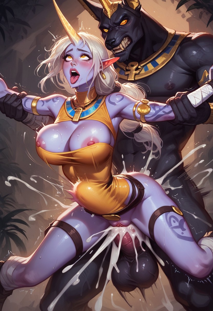 1boy 1girls ai_generated big_breasts blonde_hair blush breasts cum cum_in_pussy cum_inside dog eyes_rolling_back female from_behind horn league_of_legends male nasus purple_skin soraka sweat tagme tongue tongue_out vaginal_penetration yellow_eyes