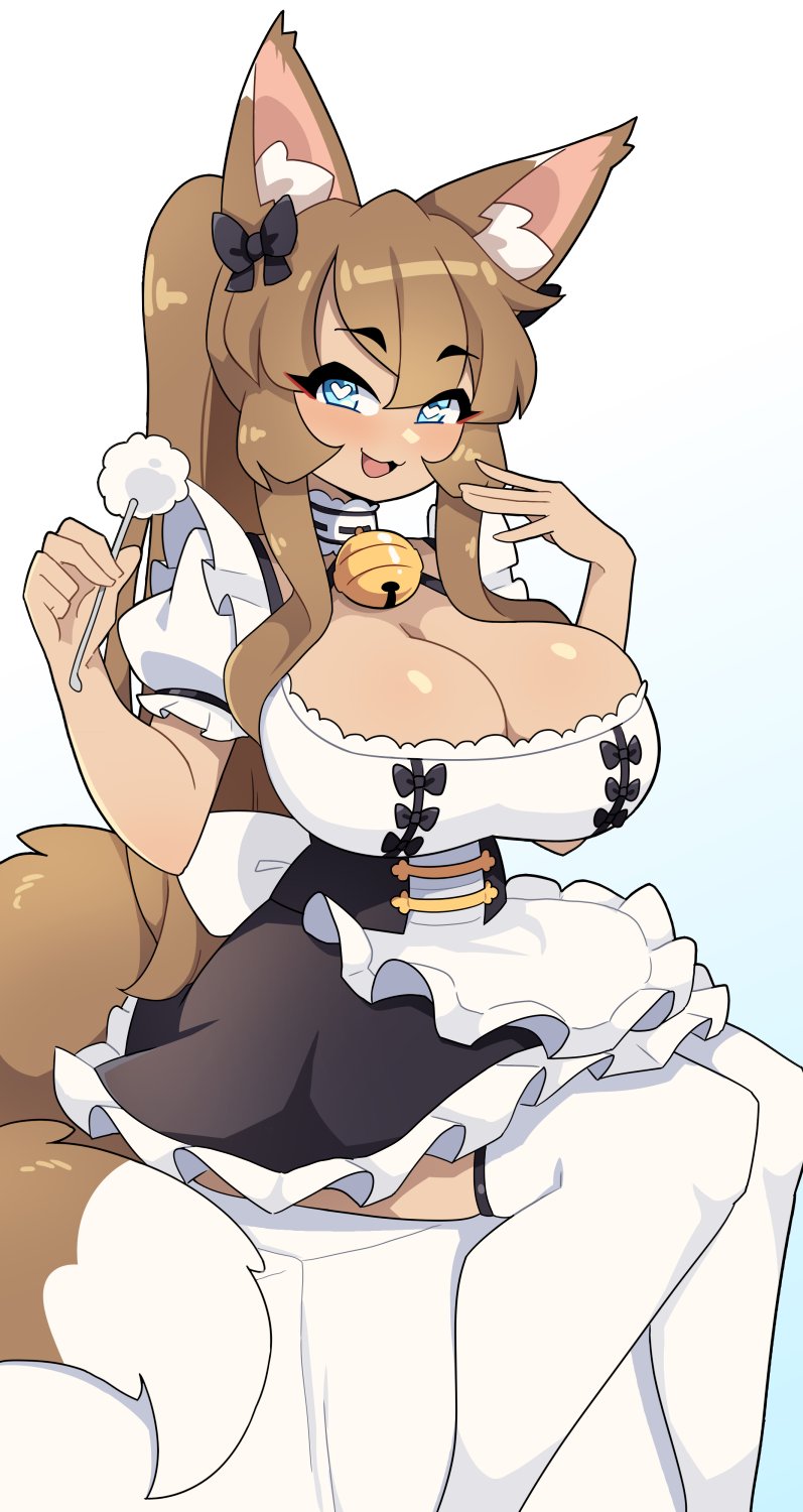 1girls big_breasts blue_eyes brown_hair cleavage commission female female_only fox_ears fox_girl fox_tail hair_ribbon heart-shaped_pupils hi_res j5daigada long_hair looking_at_viewer maid maid_uniform neck_bell sitting smiling smiling_at_viewer smug_smile solo tail thighhighs white_thighhighs