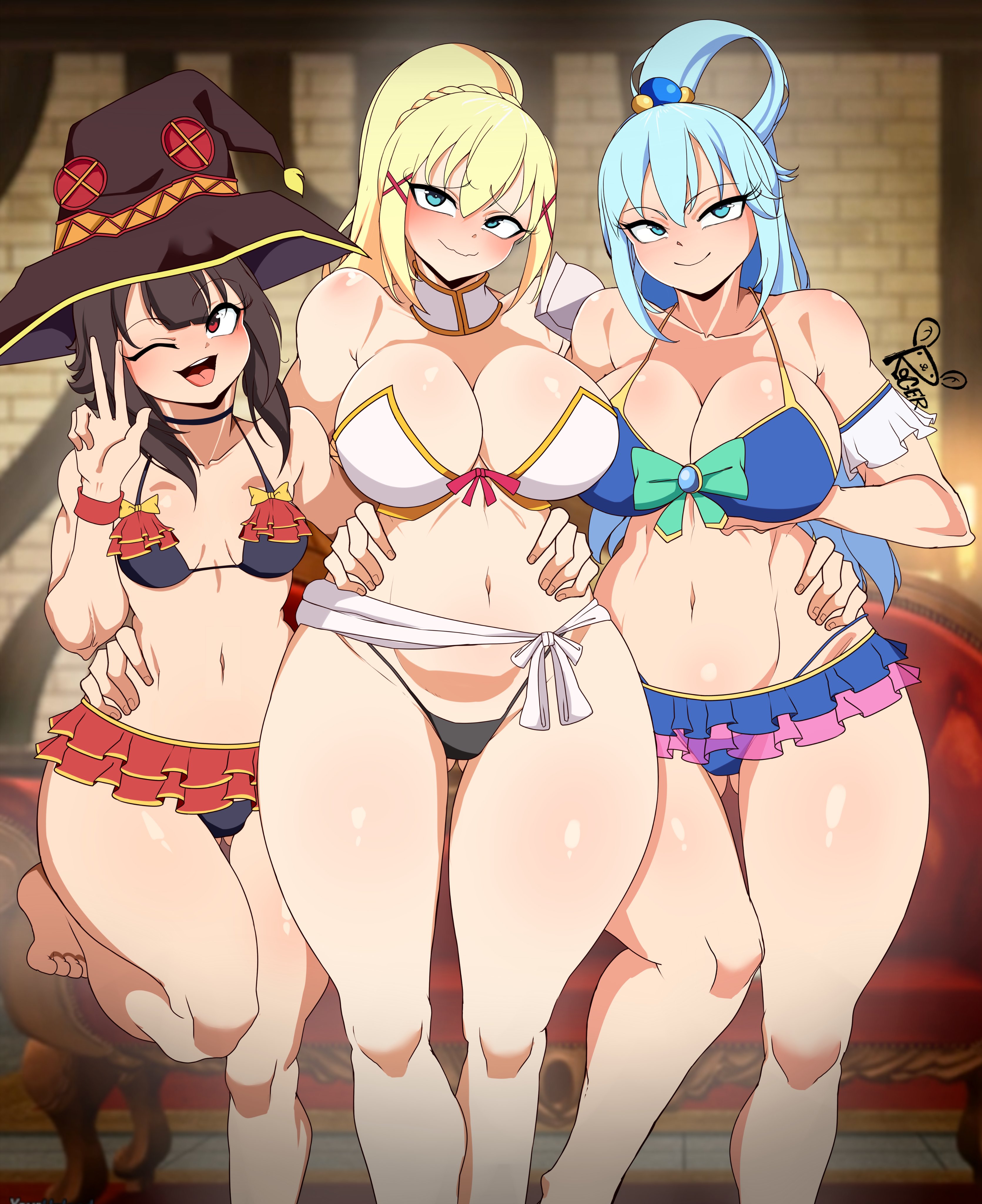 3girls, alternate version available, aqua (konosuba), big breasts, bikini, blonde hair, blue eyes, blue hair, breasts, brown hair, clothing, curvaceous, curvy, curvy figure, darkness (konosuba), female, female only, hair ornament, hat, huge breasts, kono subarashii sekai ni shukufuku wo!, long hair, megumin, mostly nude, one eye closed, open mouth, peace sign, red eyes, roger (artist), skirt, small breasts, standing on one leg, thick thighs, tongue, tongue out, trio, voluptuous, voluptuous female, wide hips