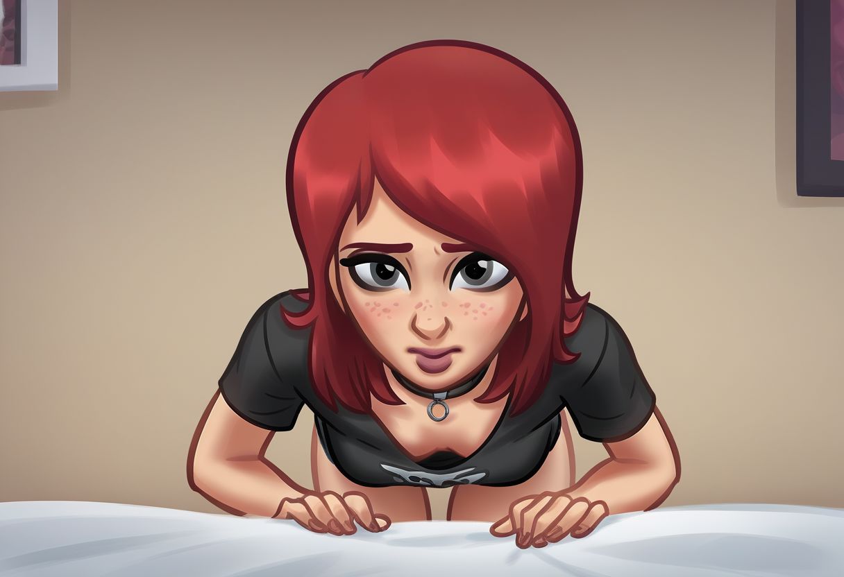 1girls 2d 2d_(artwork) ai_generated bed bedroom bending_forward bending_over bent_over breasts civitai cleavage collyn digital_drawing_(artwork) female female_focus female_only grace_(summertime_saga) leaning leaning_forward light-skinned_female light_skin medium_breasts no_bra on_bed oversized_shirt red_hair shirt showing_breasts showing_off small_breasts summertime_saga