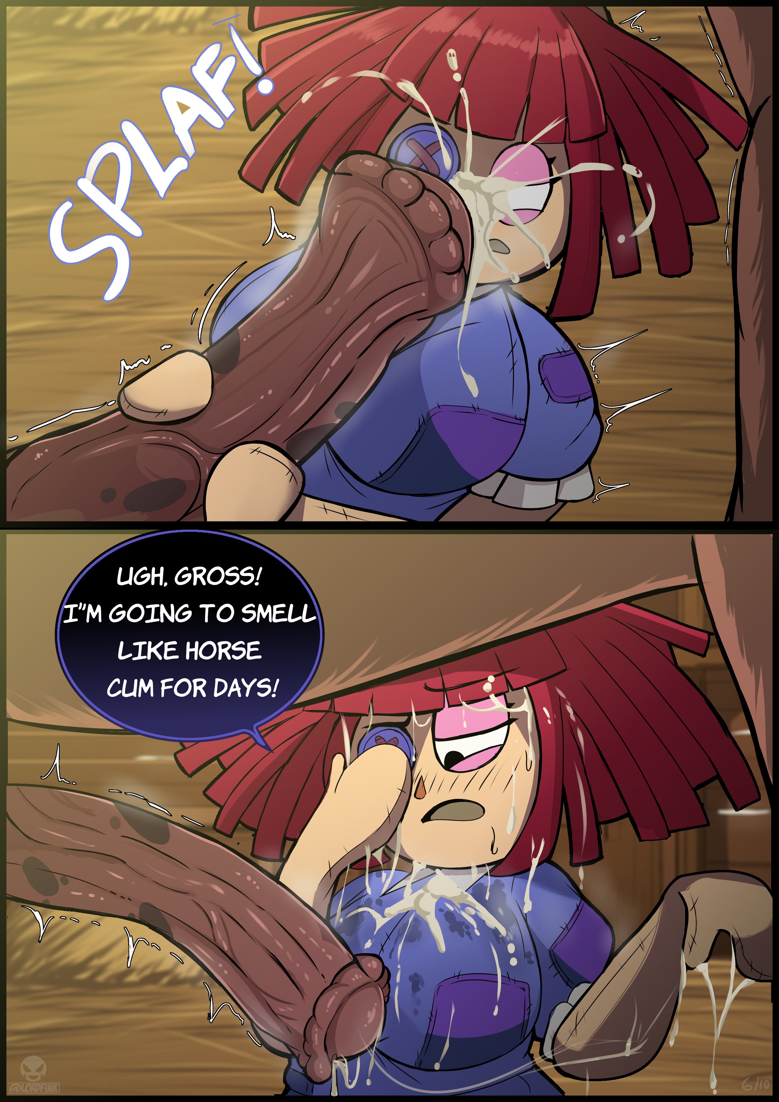 1animal, 1girls, balls, blush, bukkake, clothed female nude male, comic, cum, cum on face, cumshot, dialogue, female, glitch productions, handjob, horse, horsecock, huge balls, huge cock, lordfink, male, penis, ragatha (the amazing digital circus), red hair, straight, text, the amazing digital circus, zoophilia