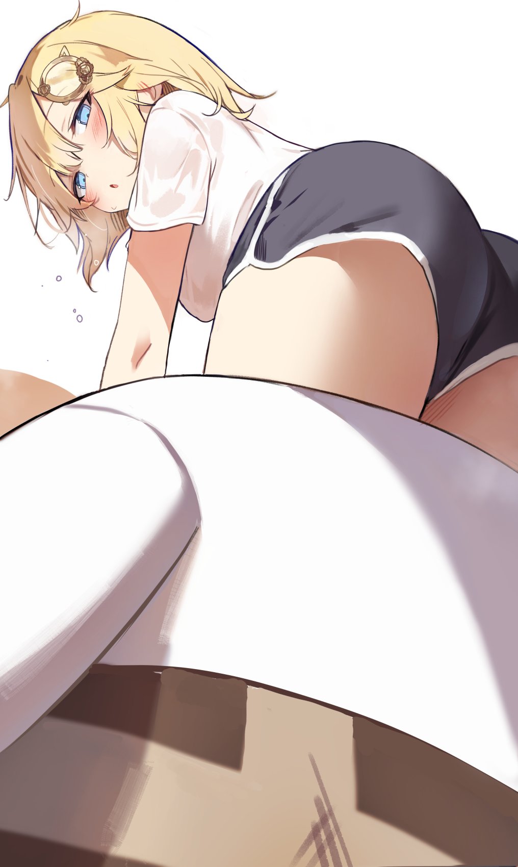 1girls, ass, big breasts, black shorts, blonde female, blonde hair, blue eyes, blush, booty shorts, breasts, eyelashes, female, female focus, female only, from behind, hair, hair ornament, hololive, hololive english, hololive myth, looking back, orobou, realistic proportions, solo, solo female, virtual youtuber, watson amelia, white shirt