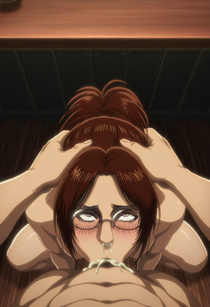 :>=, 1boy, 1girls, ai generated, all the way to the base, attack on titan, balls, balls deep, big penis, blowjob, blush, breasts, brown eyes, brown hair, completely naked, completely nude, cum, cum down throat, cum in mouth, cum in nose, cum in throat, cum out nose, deepthroat, deepthroat holder, erect penis, erection, eye contact, female, glasses, h3lpl3ss752, hange zoe, hanji zoe, head grab, holding head, kneeling, light skin, light-skinned female, long penis, looking up, male, male pov, nude, nude female, oral, penis, petite, ponytail, pov, pov male, rolling eyes, shingeki no kyojin, sitting, skinny, slim, small breasts, thick thighs, throat fuck, throatpie