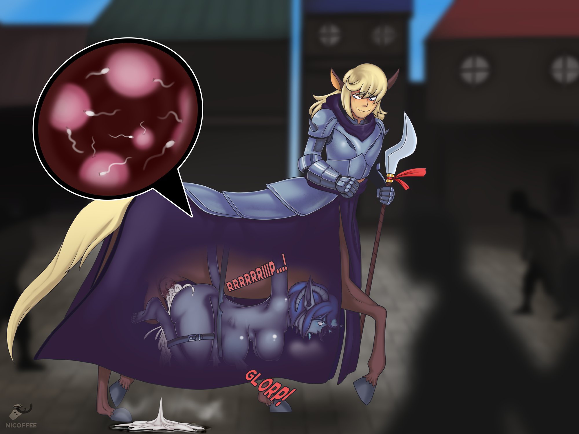 1futa, 1girls, animal genitalia on humanoid, barefoot, breasts, centaur, cum inflated belly, cum inflation, cumflation, dark skin, dark-skinned female, equestrian bondage, feet, female, futa on female, futanari, futataur, hidden sex, horsecock, horsecock futa, horsecock on humanoid, impregnation, inflation, intersex, monster girl, nicoffee, penis, pussy, sex under clothes, stealth sex, taur, tied to ride, tiefling, tiefling girl, undercarriage, vaginal penetration