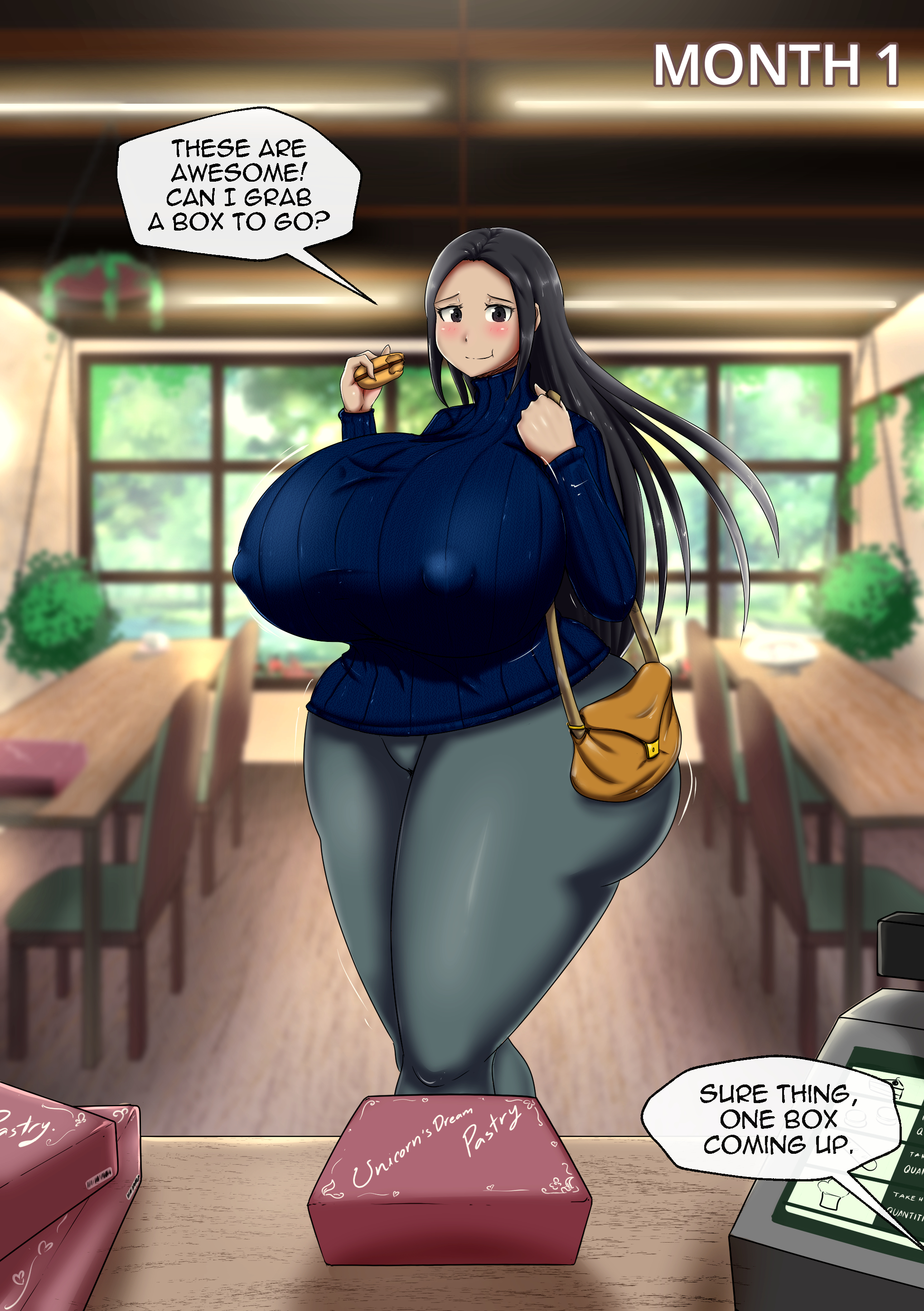 1girls, ass, big ass, big breasts, big nipples, black hair, blue sweater, blurry background, blush, breast expansion, breast growth, breast growth (enlargement), breasts, dialogue, escapefromexpansion, expansion, female, huge ass, huge breasts, large ass, large breasts, long hair, looking at viewer, nipple bulge, nipples, oc, original, original character, sweater, weight gain