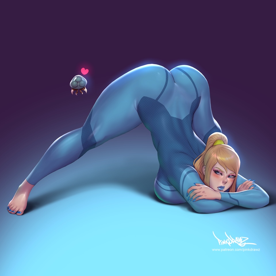 1girls, arched back, arm rest, artist name, ass, barefoot, bimbo, blonde hair, blue bodysuit, blue eyes, blue lipstick, blue nails, bodysuit, breast press, breasts, female, full body, fully clothed, hands on ground, jack-o' challenge, large breasts, latex, lips, lipstick, long fingernails, long hair, long nails, looking at viewer, makeup, meme, metroid, metroid (creature), nail polish, painted fingernails, painted nails, patreon username, pinkdrawz, ponytail, samus aran, sharp fingernails, shiny clothes, sidelocks, signature, spread legs, stretching, thighs, tight clothing, toenail polish, toenails, top-down bottom-up, web address, wide spread legs, zero suit, zero suit samus