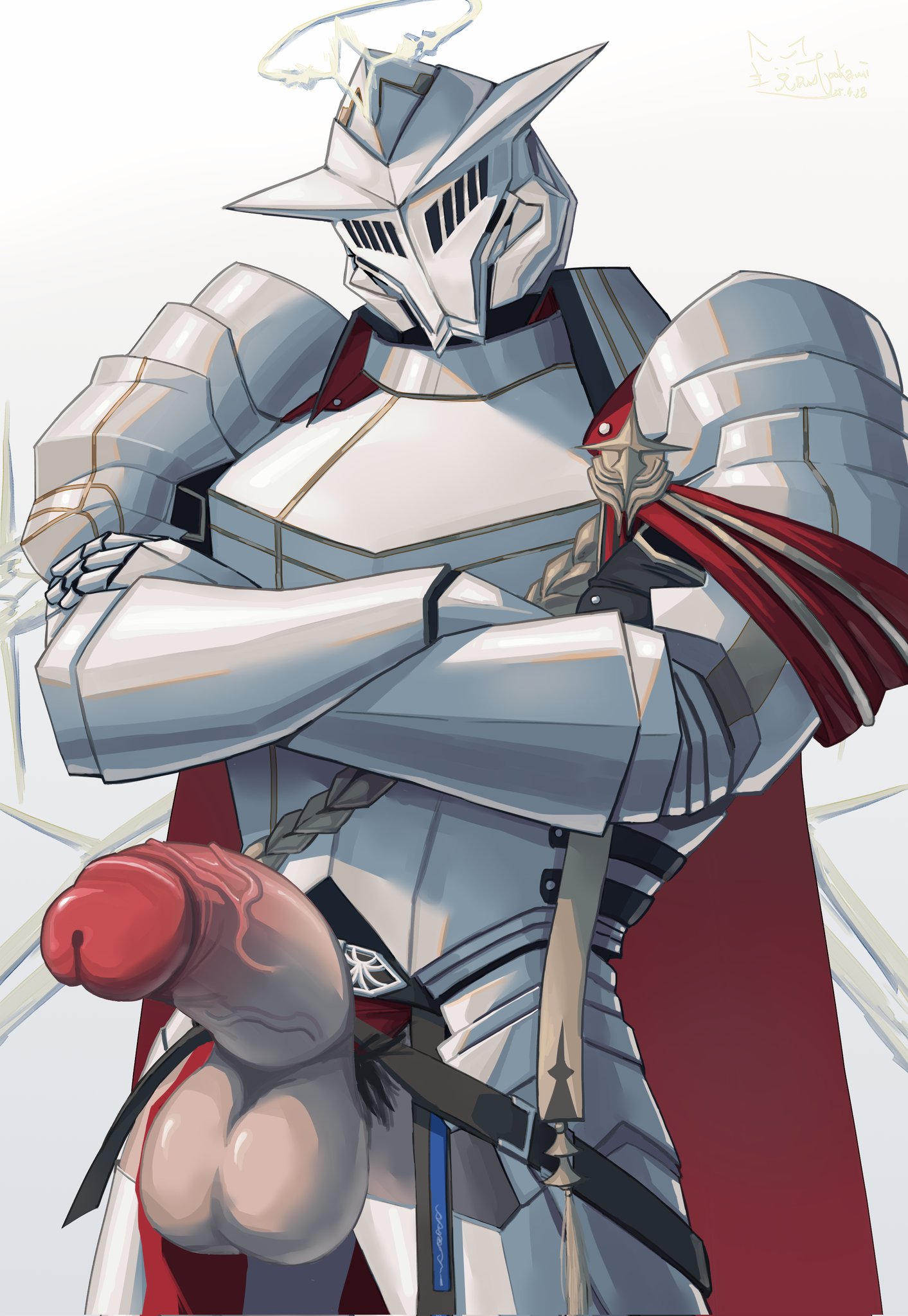 2d (artwork), arknights, armor, arms crossed, balls, big balls, big penis, dustookami, helmet, knight, male, male only, mask, masked male, penis, penis focus, penis out, sankta miksaparato, solo, tagme