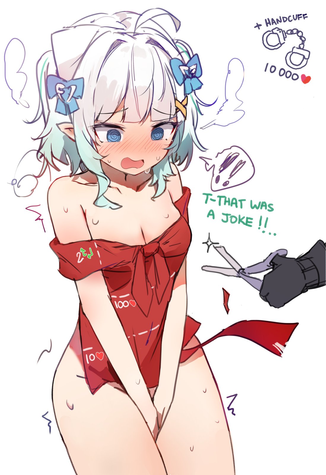 ahoge, bangs, blue eyes, blue hair, blunt bangs, blush, breasts, eyebrows visible through hair, female, hair ornament, looking at viewer, medium breasts, mint fantome, multicolored hair, orobou, pointy ears, shirt cut meme, short hair, simple background, solo, sweat, two-tone hair, virtual youtuber, vtuber, white background, white hair