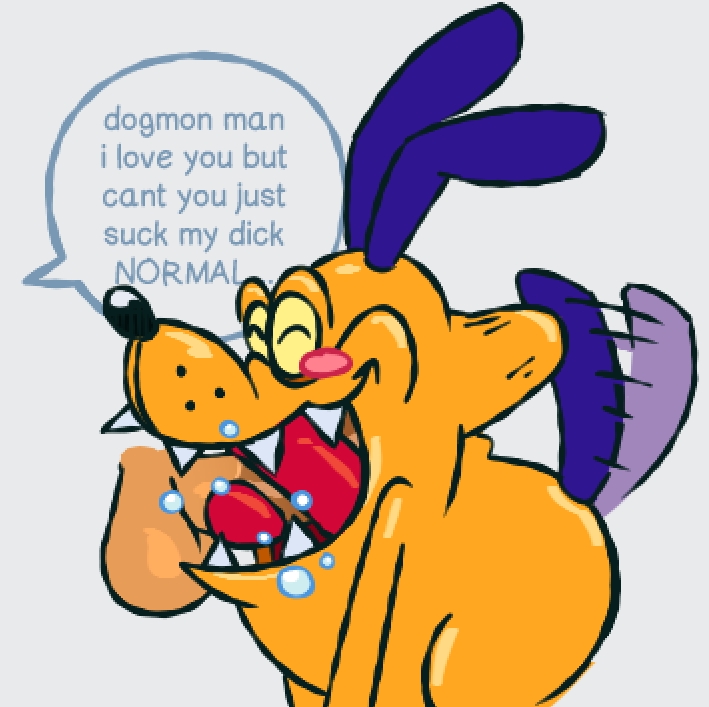 anthro balls bandai_namco blush chronobauble deep_throat digimon digimon_(species) disembodied_penis dogmon duo english_text erection fellatio genitals human male male/male mammal oral oral_penetration penetration penile penis sex sharp_teeth smile tail tail_motion tailwag teeth text toon_physics toony