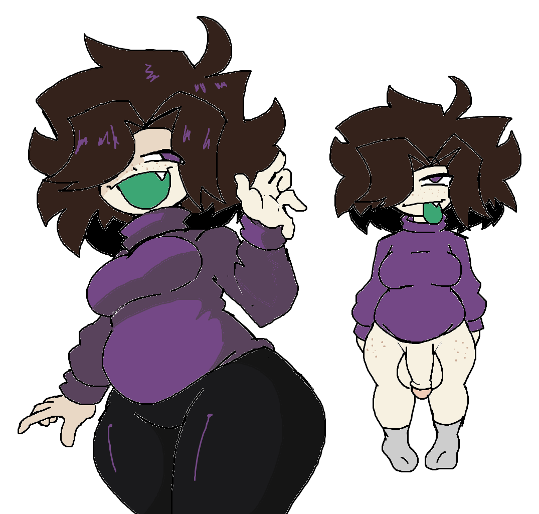 1futa 1futanari black_pants brown_hair chubby chubby_futanari commission commission_art commissioner_upload green_mouth green_tongue grey_socks hung_futanari hyperingaway juniper_(juneatnight) purple_eyes purple_sweater quitehyper thick_thighs trans_woman_(lore) white_background