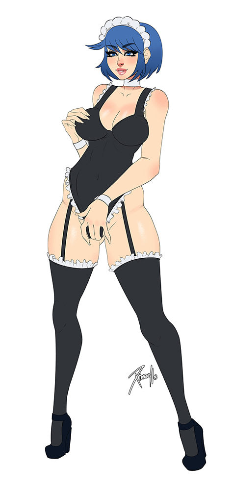 blue hair, breasts, commission, female, heels, high heels, horny female, leotard, lingerie, maid, pussy, sleepymaid, stockings, touching breast, touching pussy, very high heels, xinaelle