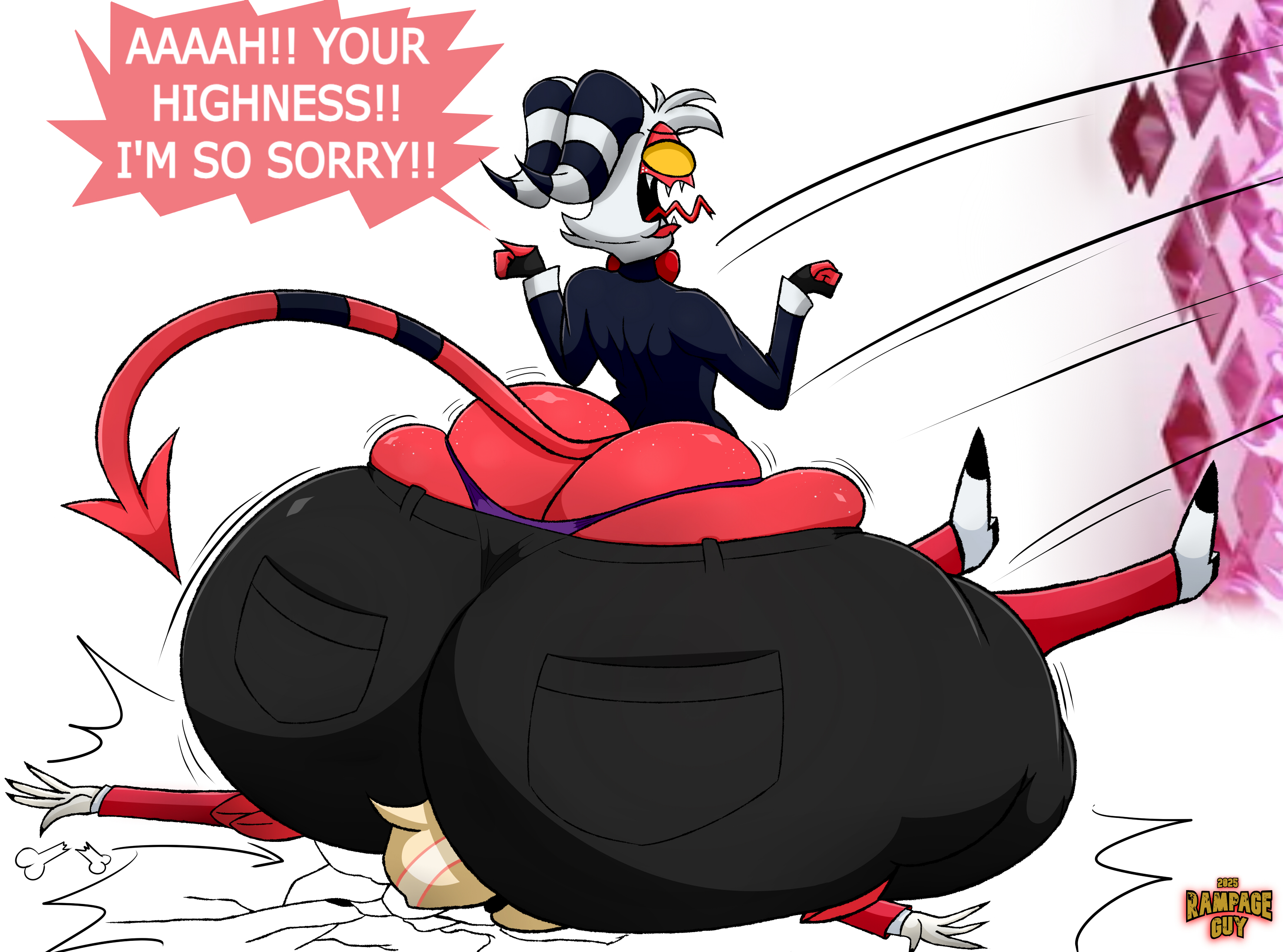 1boy, 1girls, accidental buttcrush, ass, ass bigger than head, ass bigger than torso, ass cleavage, ass crack, ass smothering, big ass, blonde hair, bottom heavy, bubble ass, bubble butt, butt crack, charlie morningstar (hazbin hotel), clothing, cracked ground, demon, demon girl, dialogue, facesitting, fat ass, female, femboy, hazbin hotel, helluva boss, horns, huge ass, imp, large ass, male, male focus, massive ass, moxxie (helluva boss), panties, pants, portal, rampageguy, red skin, sitting, sitting on face, sitting on person, smothering, smothering ass, tail, text, thick ass, thick thighs, thong, thunder thighs, white hair, white skin, wide hips