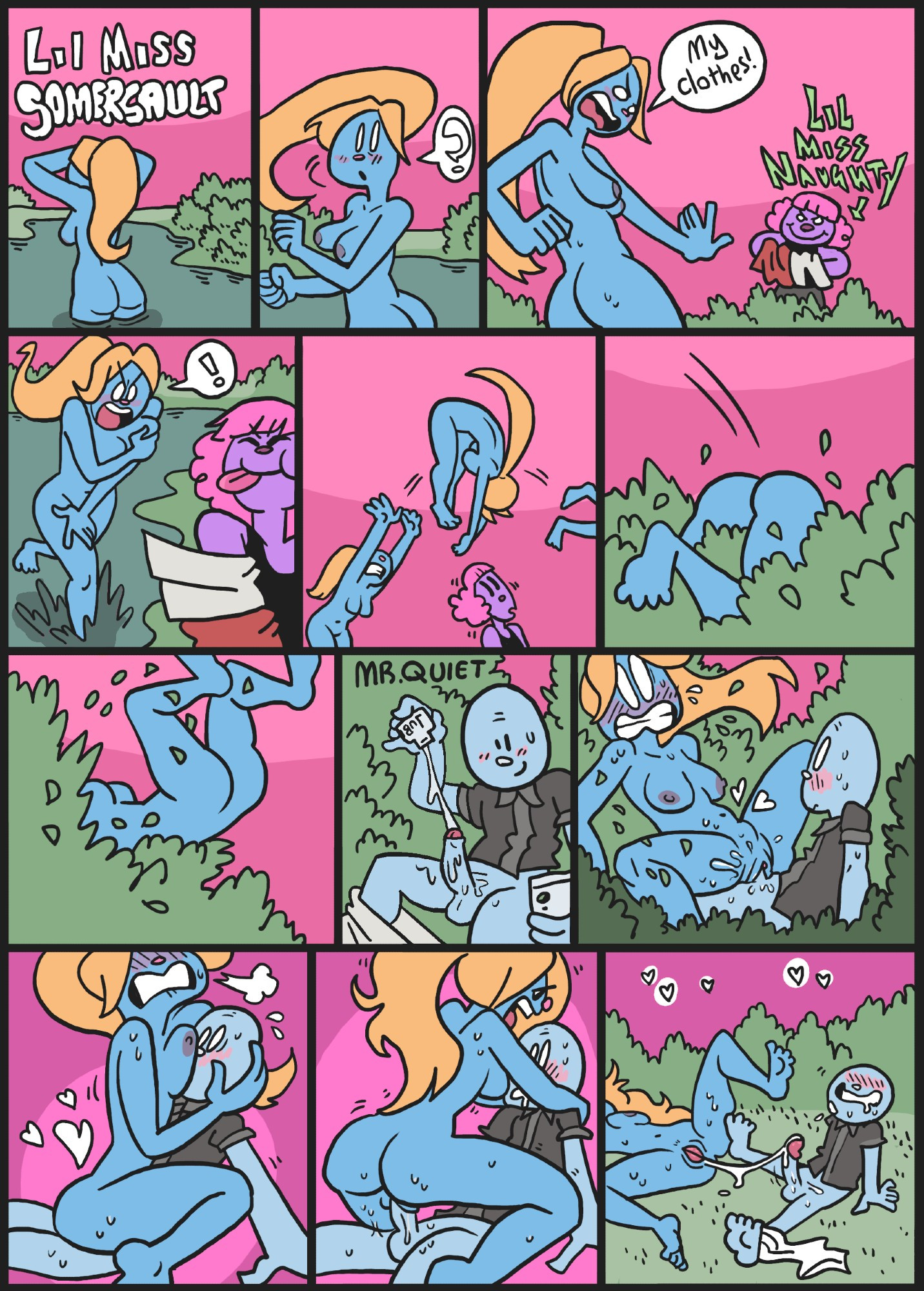1boy, 2girls, accidental penetration, ass, breasts, comic, comic page, female, little miss naughty, little miss somersault, male, mr. men, mr. quiet, nude, pussy, samrockwell420, sex, tagme