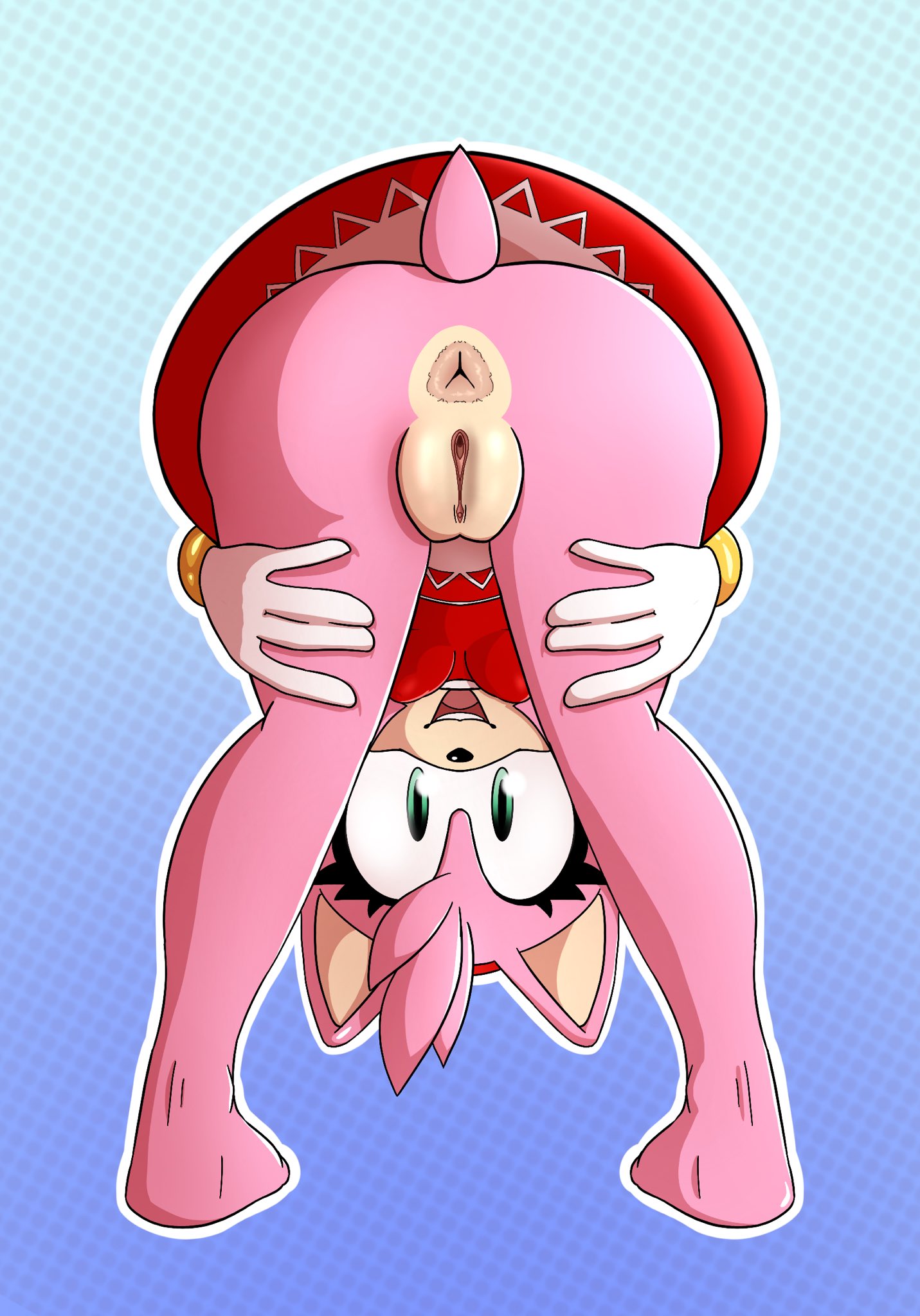 accessory amy_rose anthro anus ass barefoot bent_over big_butt black_nose blue_background bracelet breasts clothed clothing dress eulipotyphlan eyelashes feet female fur genitals gloves hair hair_accessory hairband handwear head_tuft hedgehog hi_res jewelry looking_at_viewer looking_back looking_back_at_viewer mammal no_underwear open_mouth open_smile pattern_background pink_body pink_fur pink_hair pussy red_clothing red_dress sega simple_background smile solo sonic_(series) sonic_the_hedgehog_(series) tan_body tan_fur thick_thighs tuft white_clothing white_gloves white_handwear wide_hips xenrevv
